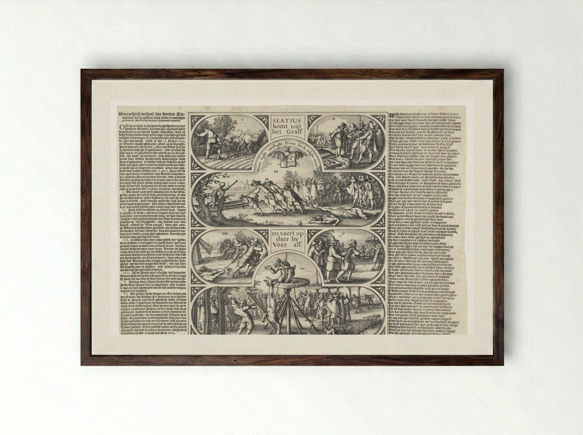 De herontdekking van de gestolen en begraven lichamen van Slatius, Coornwinder en Gerritsz - Claes Jansz. Visscher (II) - Framed Print Dark Wood