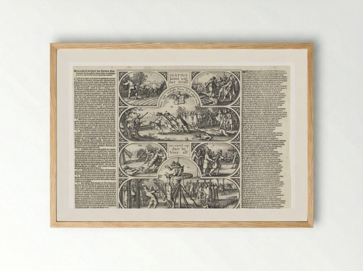 De herontdekking van de gestolen en begraven lichamen van Slatius, Coornwinder en Gerritsz - Claes Jansz. Visscher (II) - Framed Print Wood