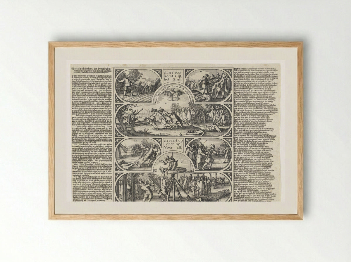 De herontdekking van de gestolen en begraven lichamen van Slatius, Coornwinder en Gerritsz - Claes Jansz. Visscher (II) - Framed Print Wood