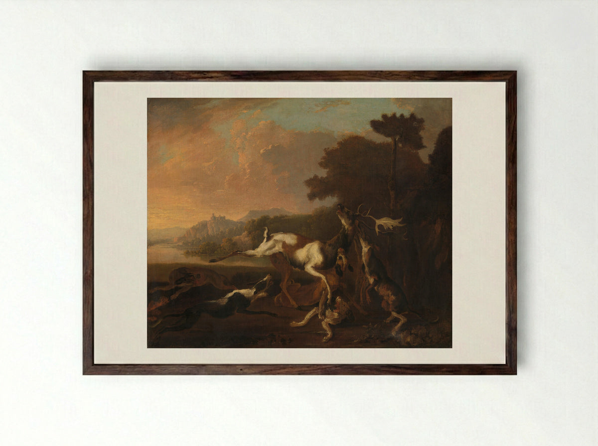 De hertenjacht - Abraham Daniëlsz. Hondius - Framed Print Dark Wood