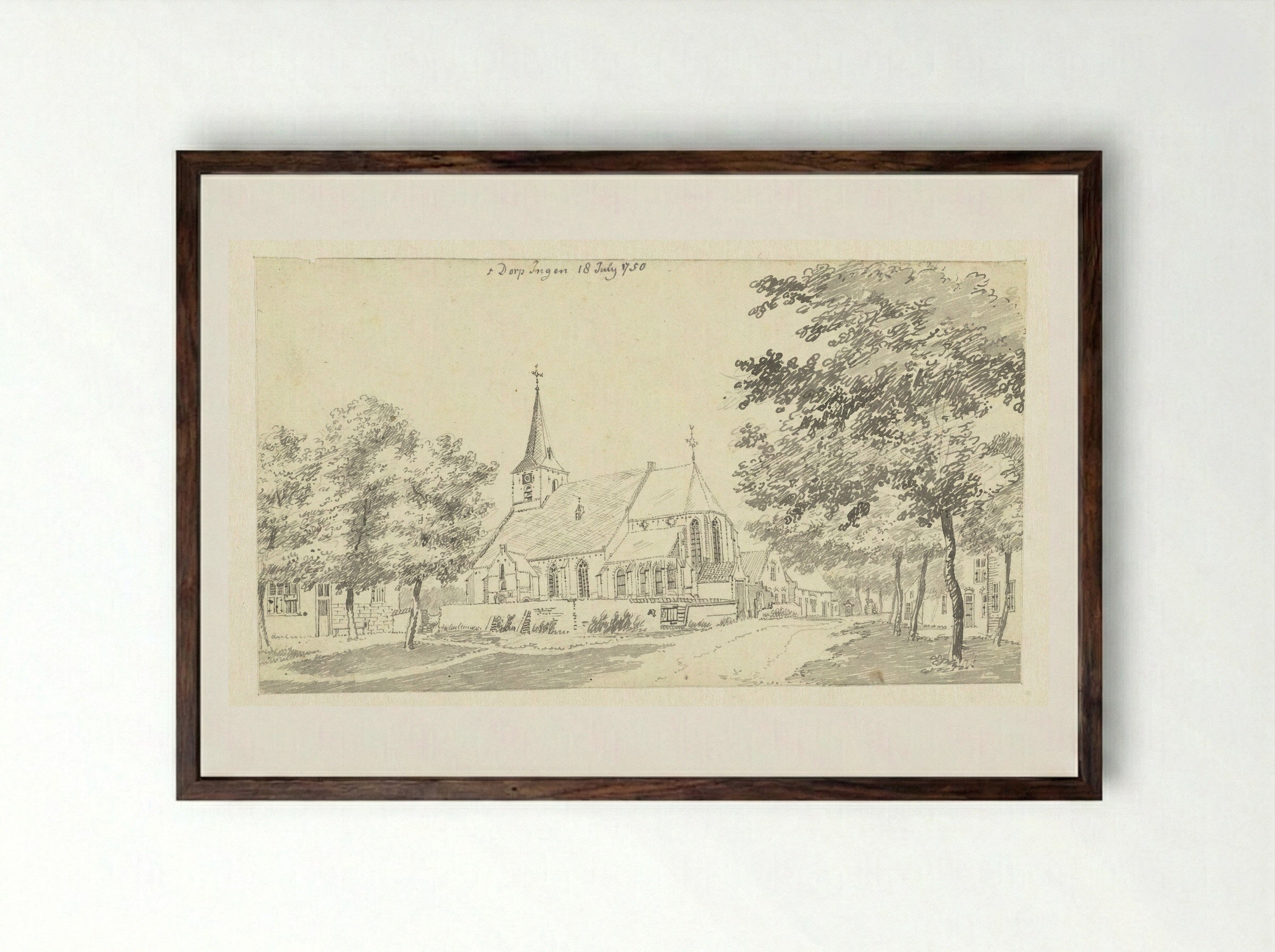 De kerk van het dorp Ingen - Jan de Beijer - Framed Print Dark Wood