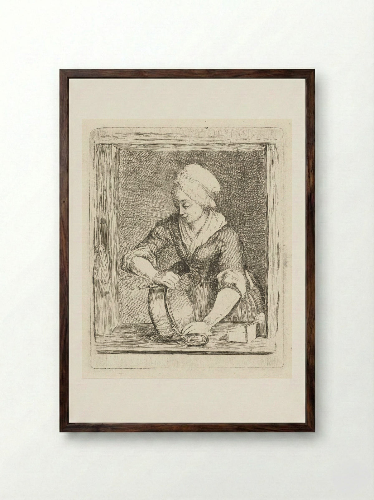 De ketelschuurster (The Kettle Scourer) - Louis Bernard Coclers - Framed Print Dark Wood