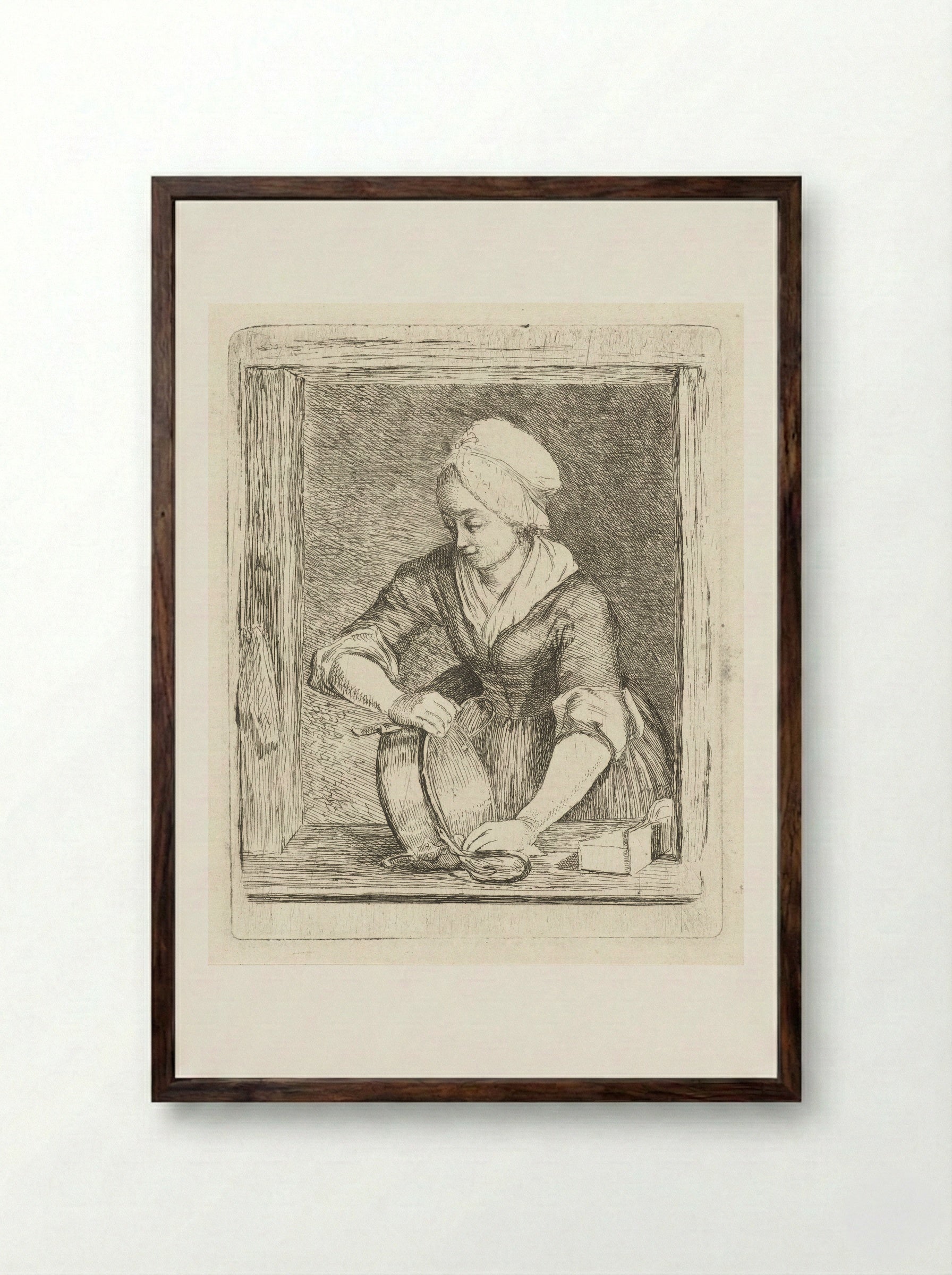 De ketelschuurster (The Kettle Scourer) - Louis Bernard Coclers - Framed Print Dark Wood