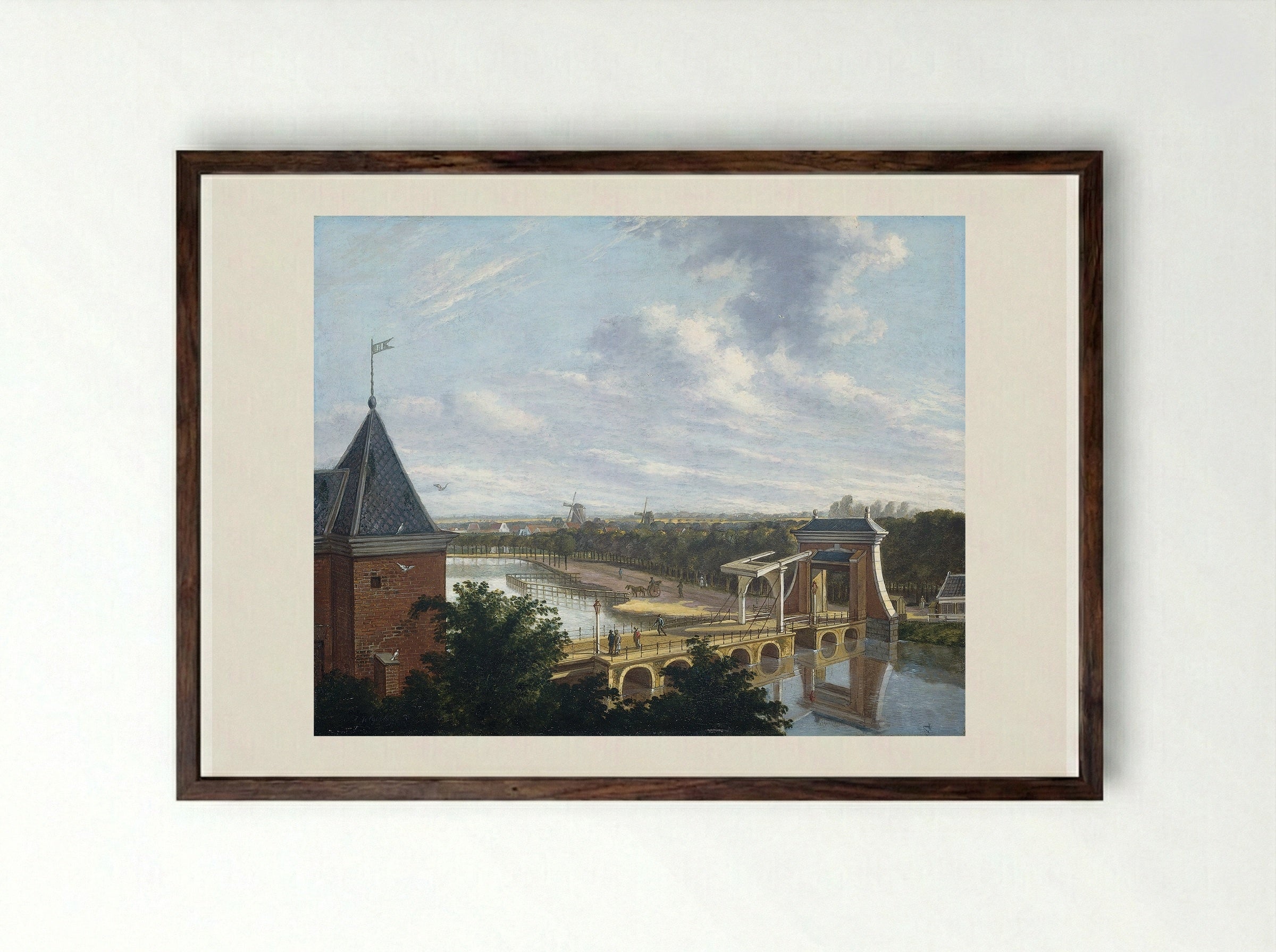 De kleine vismarkt op de hoek van de Brouwersgracht en het Singel te Amsterdam - Johannes Jelgerhuis - Framed Print Dark Wood