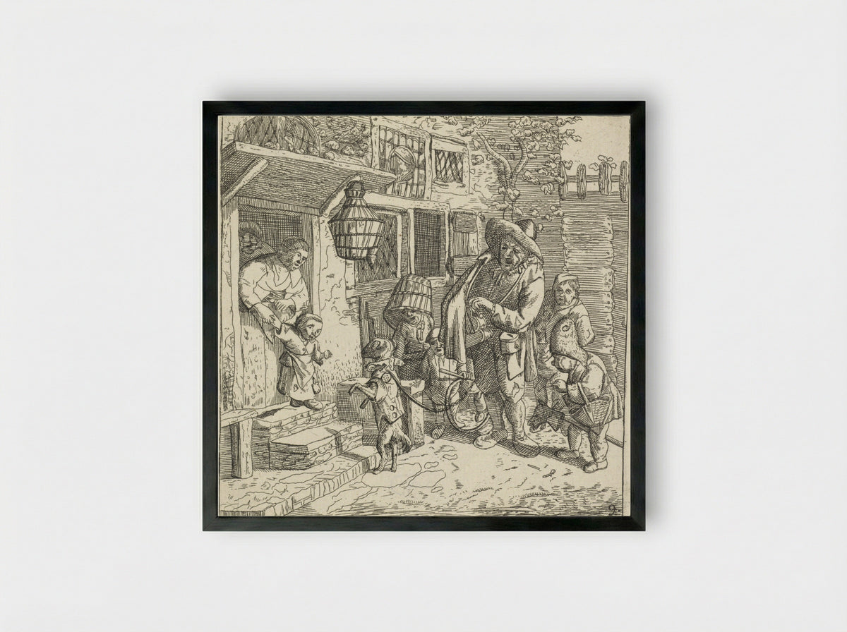 De lierspeler met het dansende hondje - Adriaen van der Welle - Framed Print Black