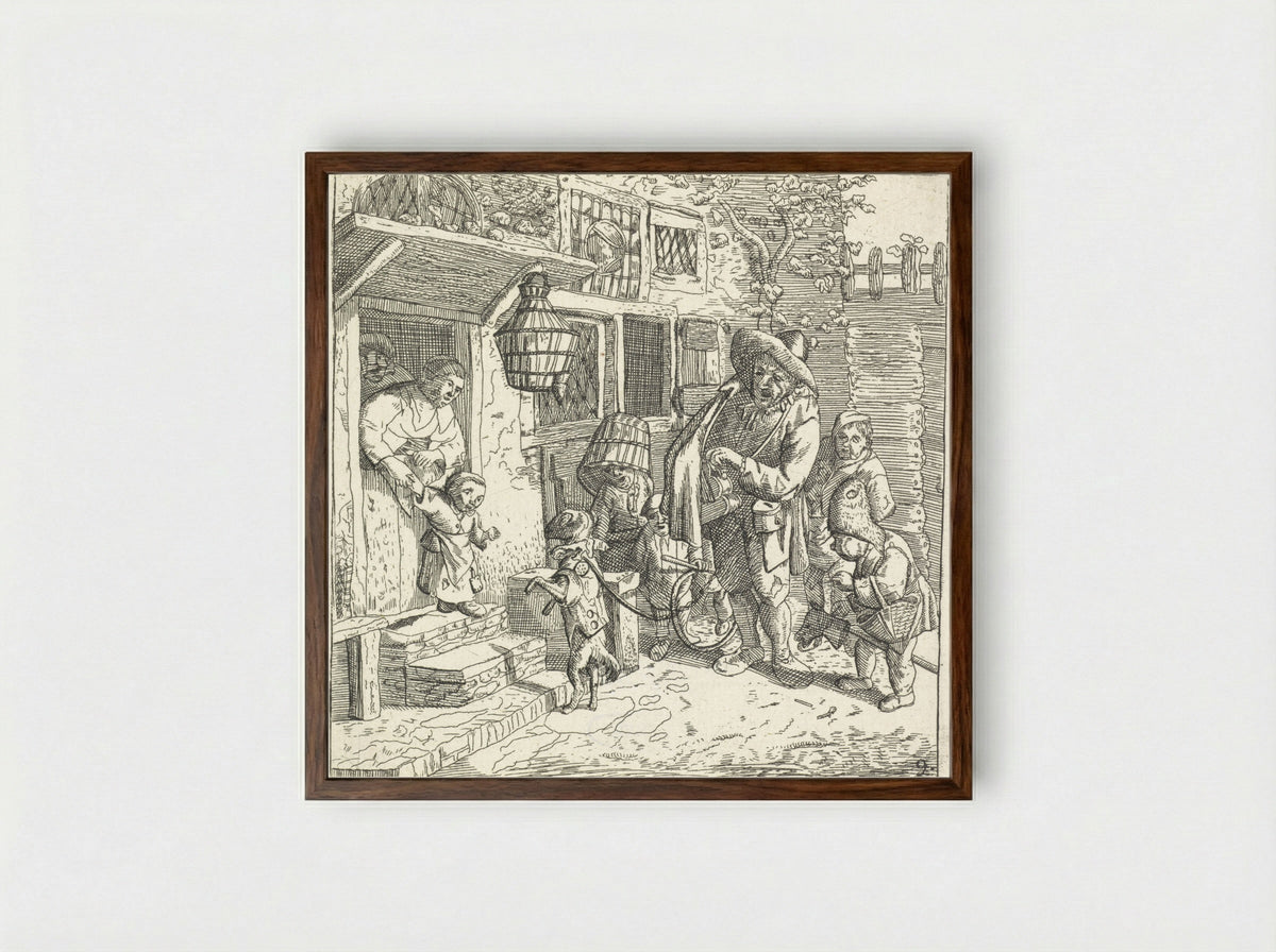 De lierspeler met het dansende hondje - Adriaen van der Welle - Framed Print Dark Wood