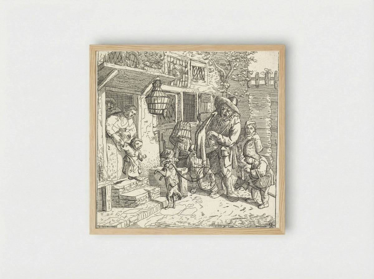 De lierspeler met het dansende hondje - Adriaen van der Welle - Framed Print Wood