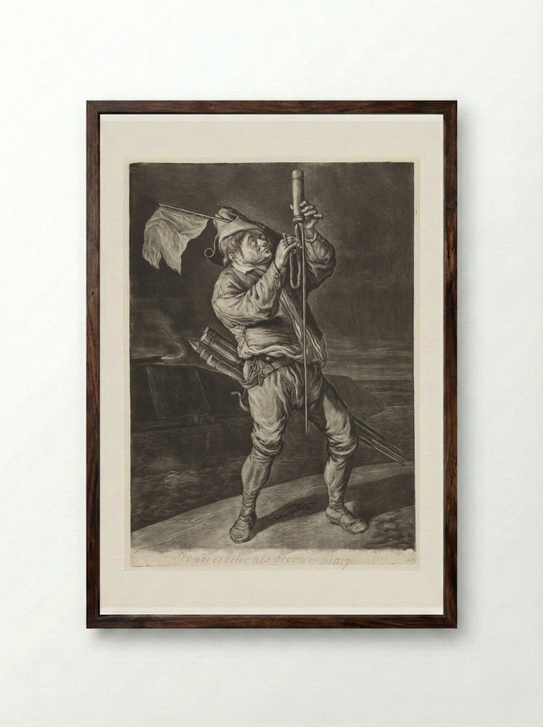 De man met de vuurpijl - Cornelis Dusart - Framed Print Dark Wood