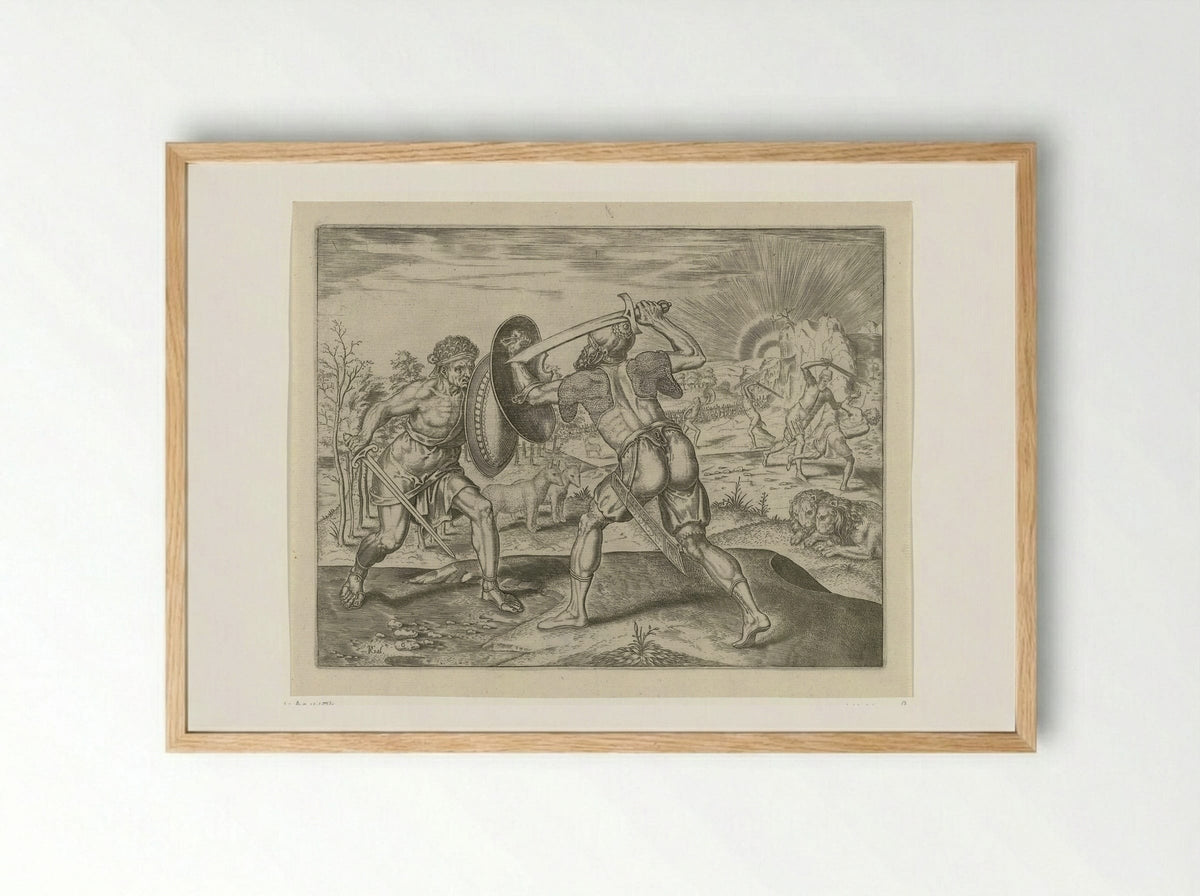 De mens vecht tegen zijn eigen soort - Philips Galle - Framed Print Wood