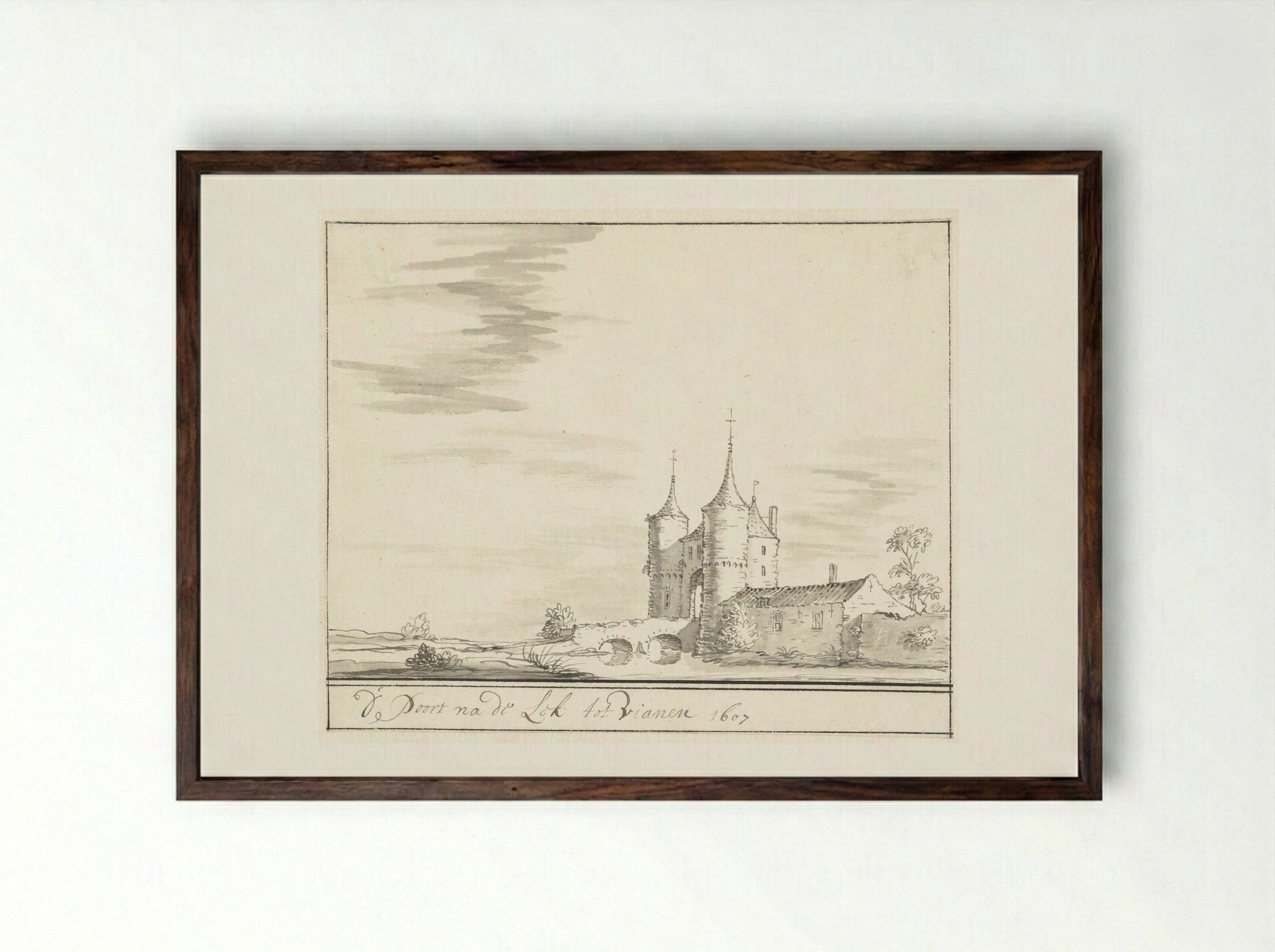 De poort aan de Lek te Vianen in 1607 - Jacobus Stellingwerff - Framed Print Dark Wood
