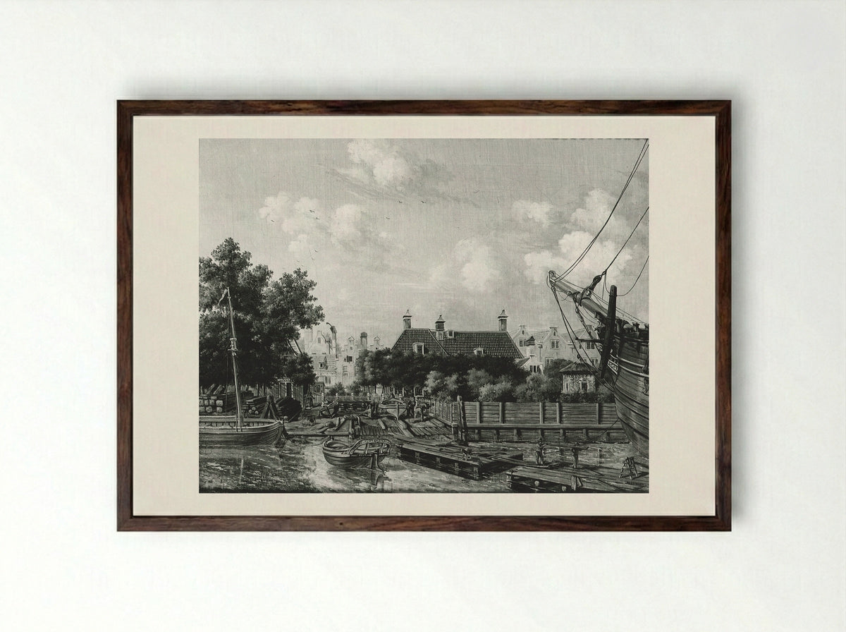 De scheepstimmerwerf 'St Jago' op het Bickers Eiland te Amsterdam - Pieter Godfried Bertichen - Framed Print Dark Wood