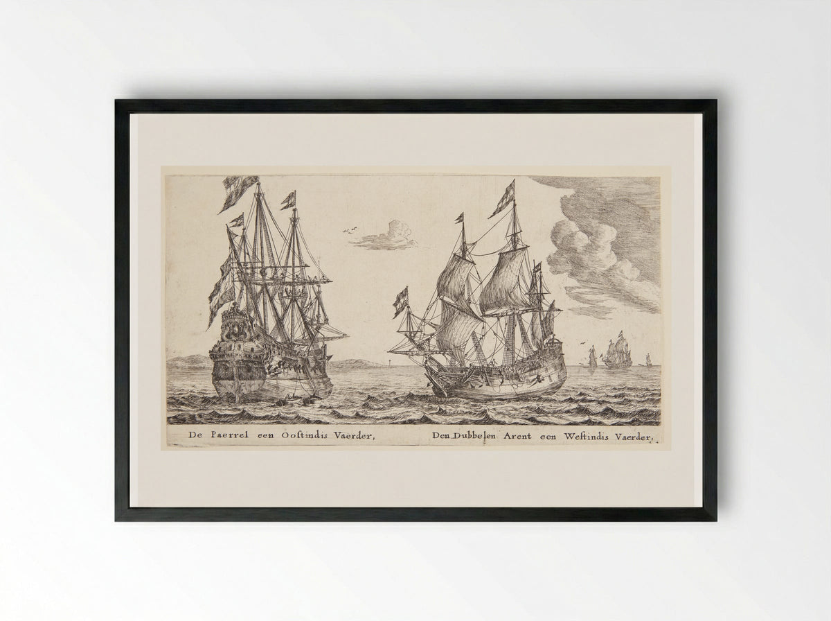 De schepen De Parel en De Dubbele Arend - Reinier Nooms - Framed Print Black