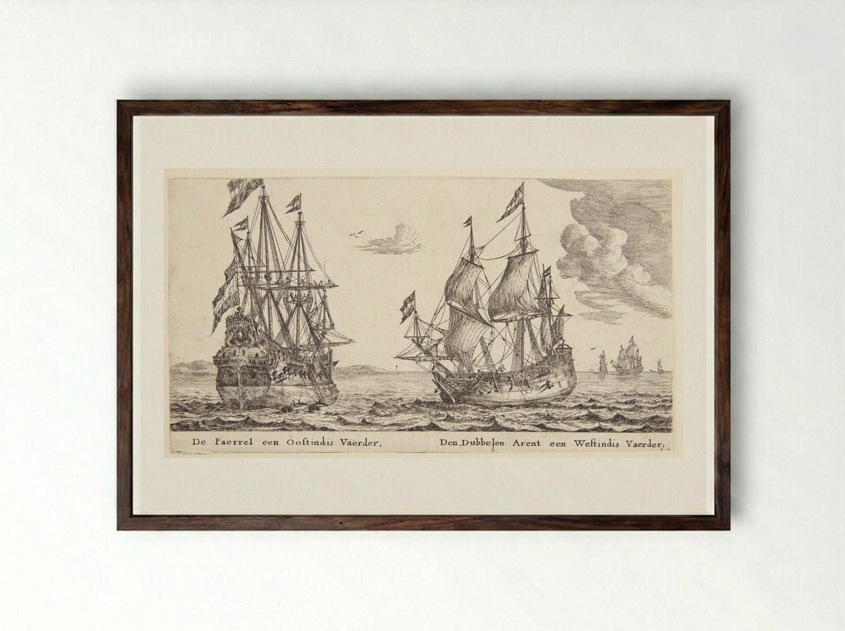 De schepen De Parel en De Dubbele Arend - Reinier Nooms - Framed Print Dark Wood