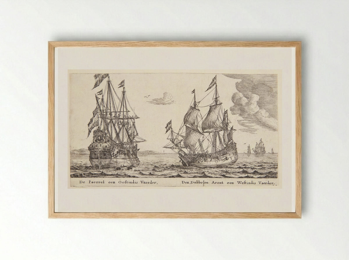 De schepen De Parel en De Dubbele Arend - Reinier Nooms - Framed Print Wood