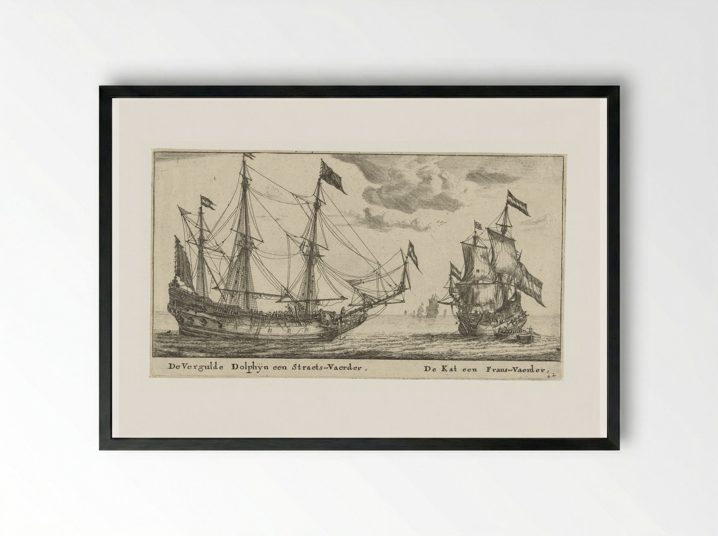 De schepen De Vergulde Dolfijn en De Kat - Reinier Nooms - Framed Print Black