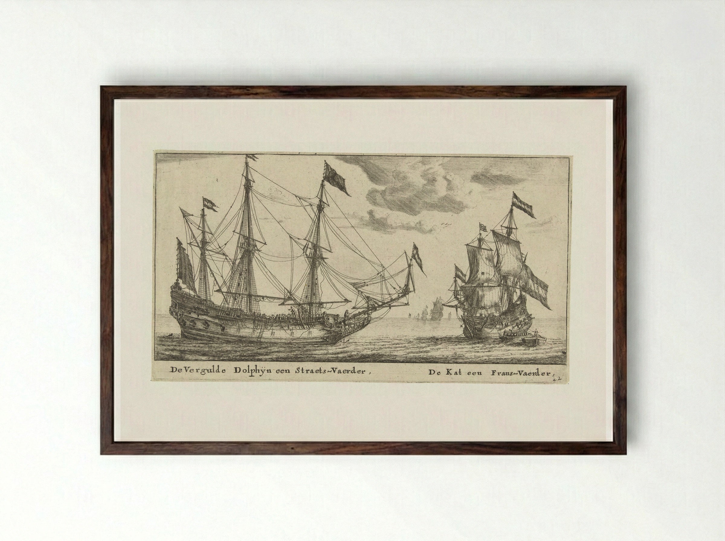De schepen De Vergulde Dolfijn en De Kat - Reinier Nooms - Framed Print Dark Wood