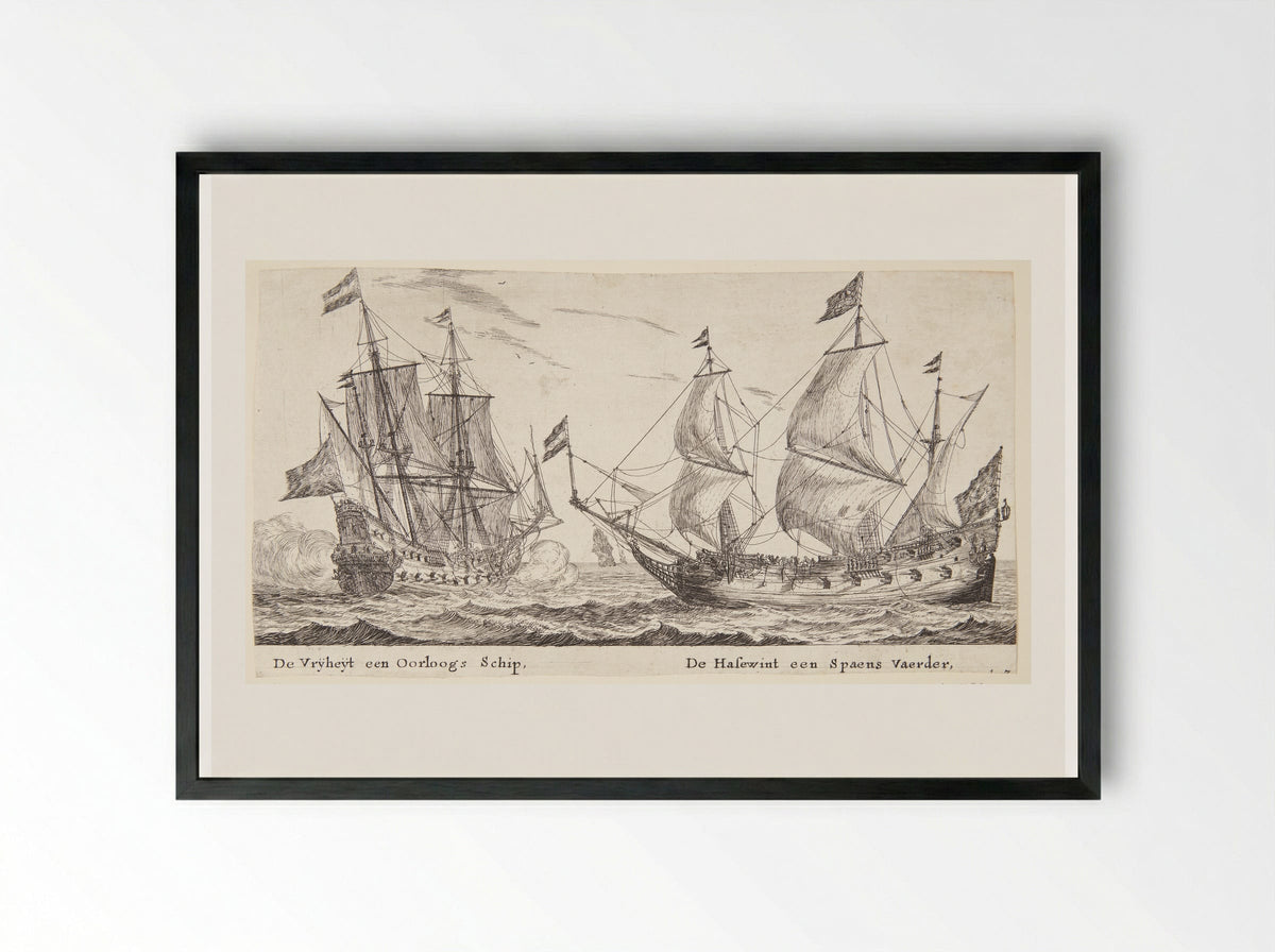 De schepen De Vrijheid en De Hazewind - Reinier Nooms - Framed Print Black