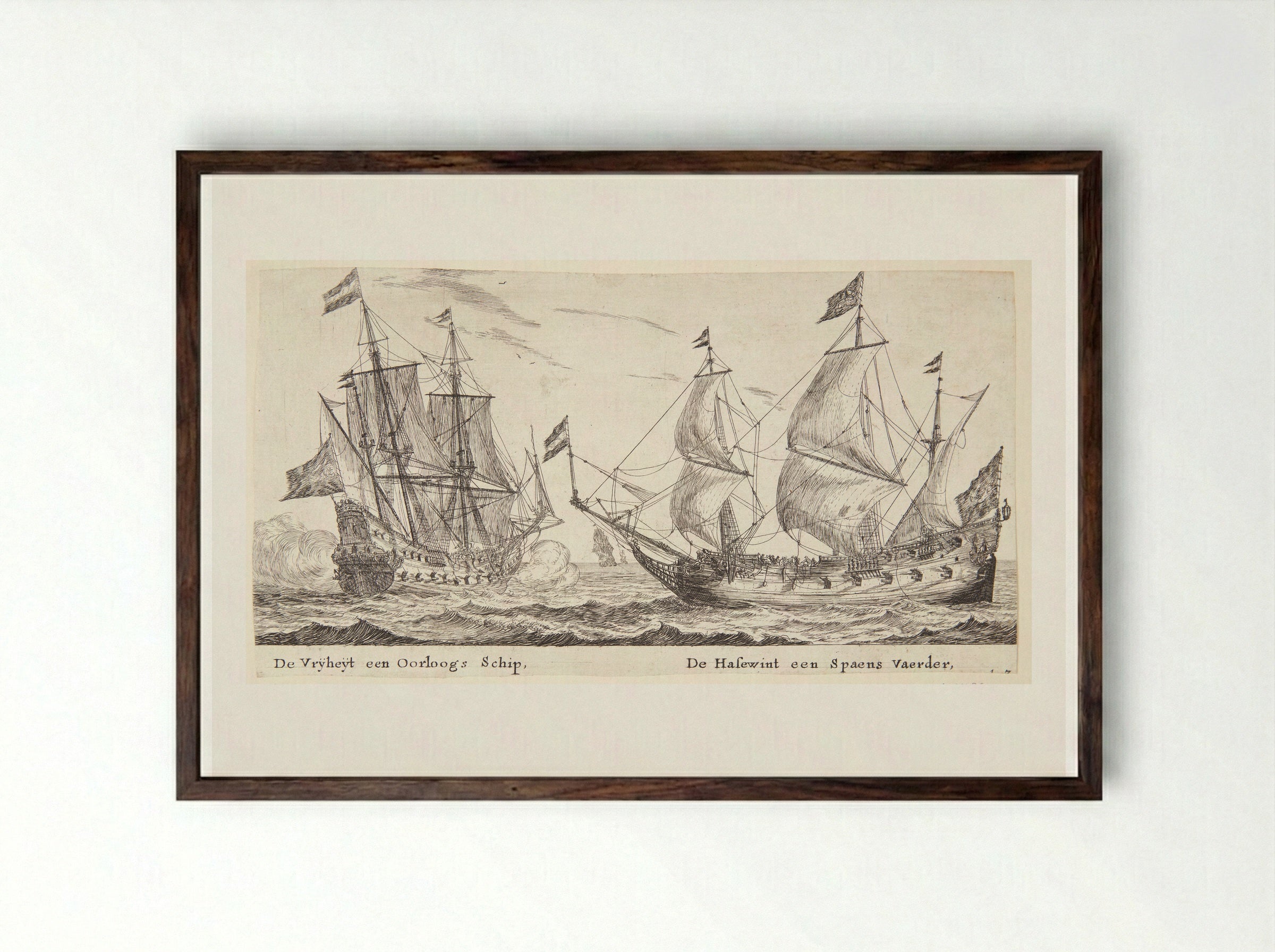 De schepen De Vrijheid en De Hazewind - Reinier Nooms - Framed Print Dark Wood