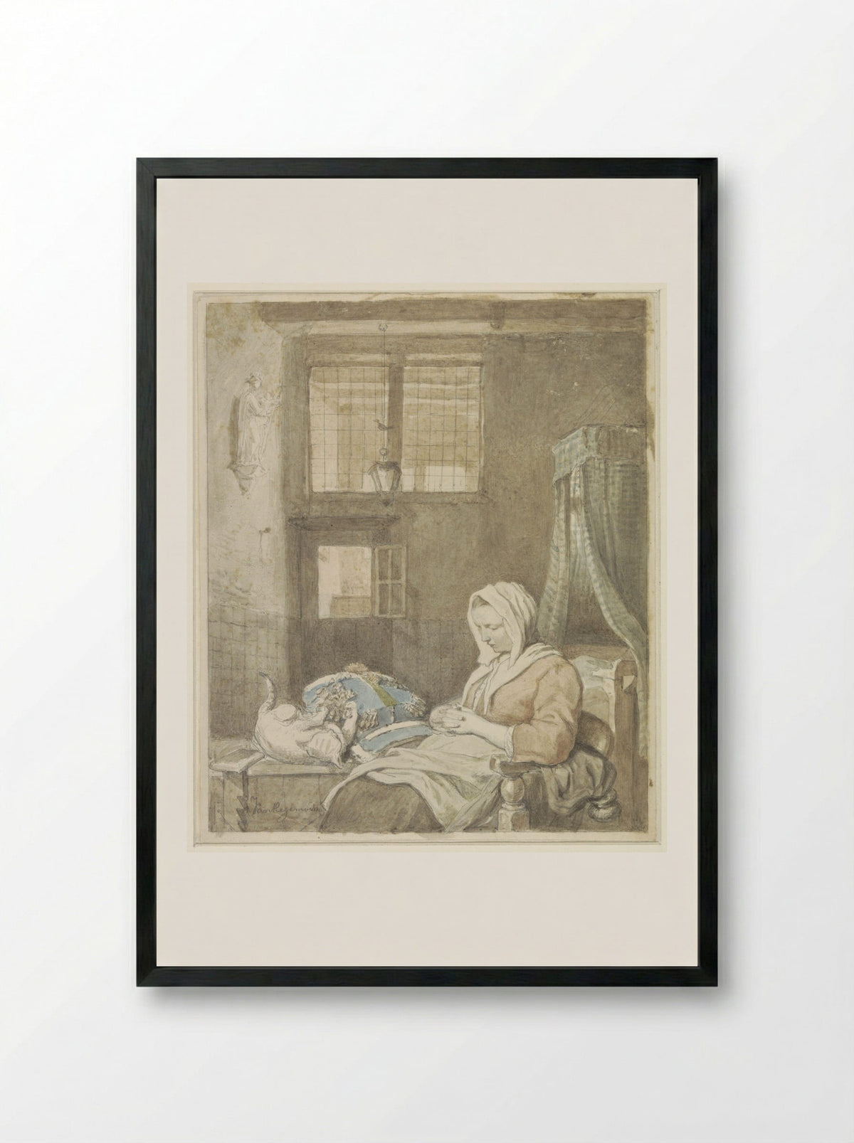De slapende kantwerkster - Ignatius Josephus Van Regemorter - Framed Print Black