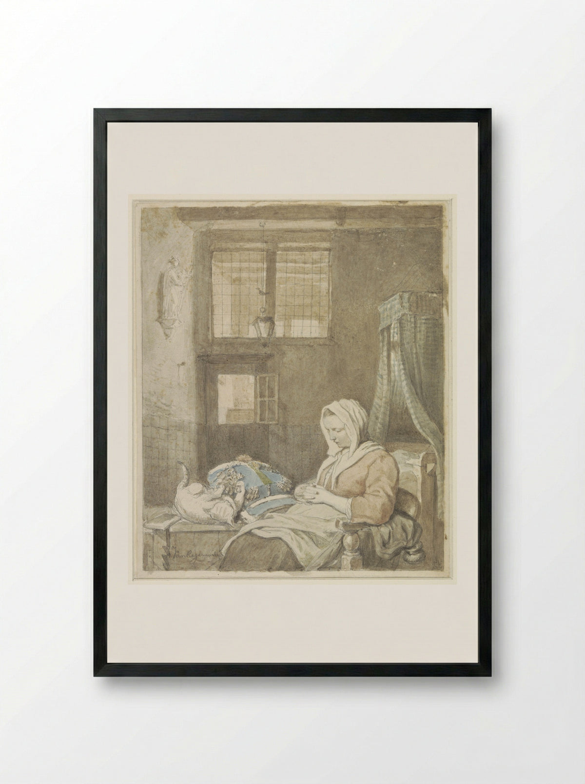 De slapende kantwerkster - Ignatius Josephus Van Regemorter - Framed Print Black