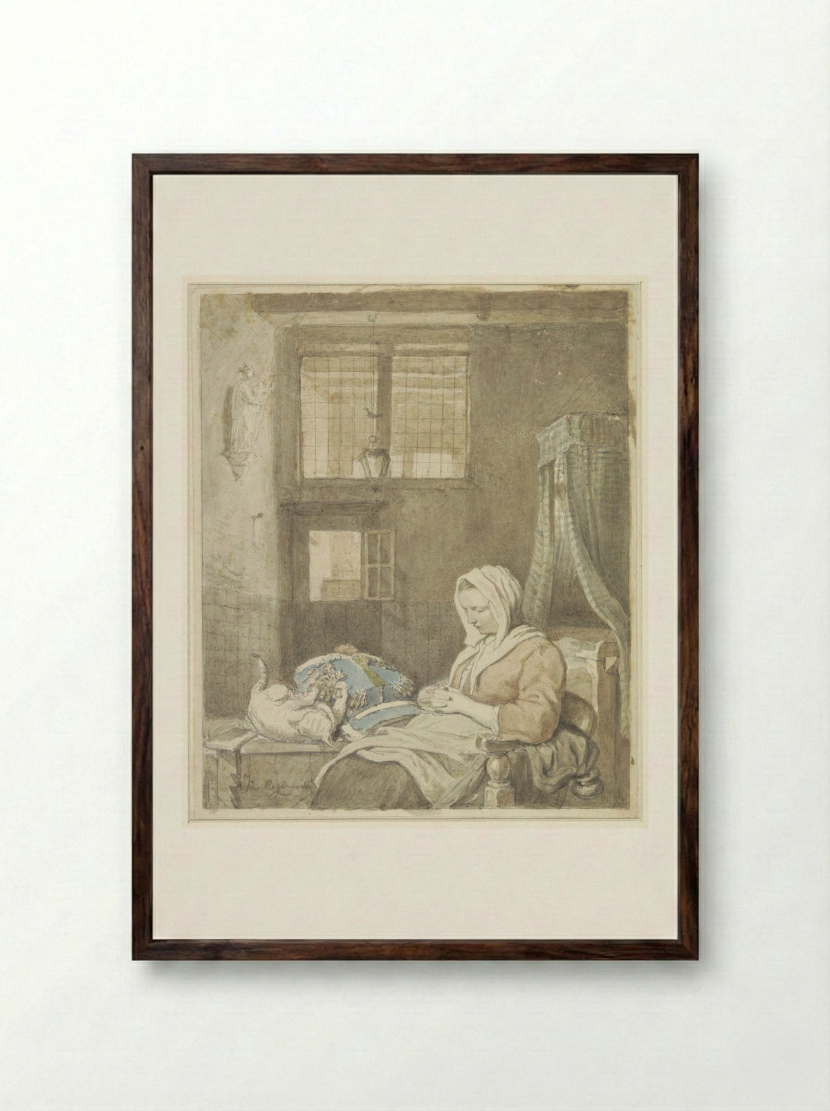 De slapende kantwerkster - Ignatius Josephus Van Regemorter - Framed Print Dark Wood