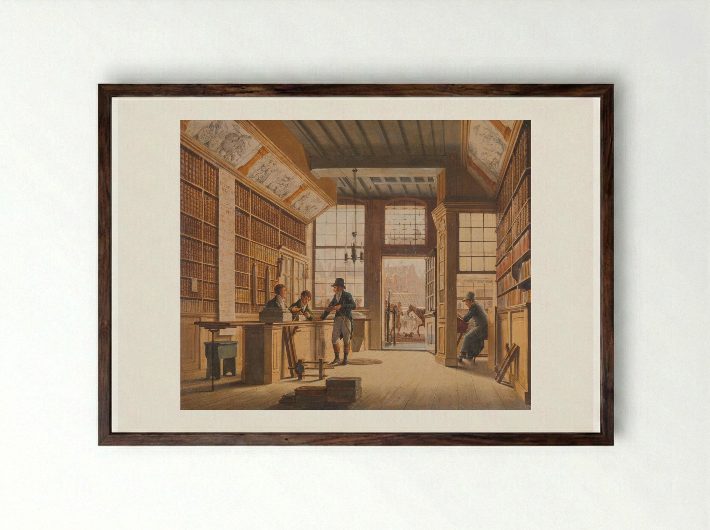 De winkel van boekhandelaar Pieter Meijer Warnars op de Vijgendam in Amsterdam - Johannes Jelgerhuis - Framed Print Dark Wood