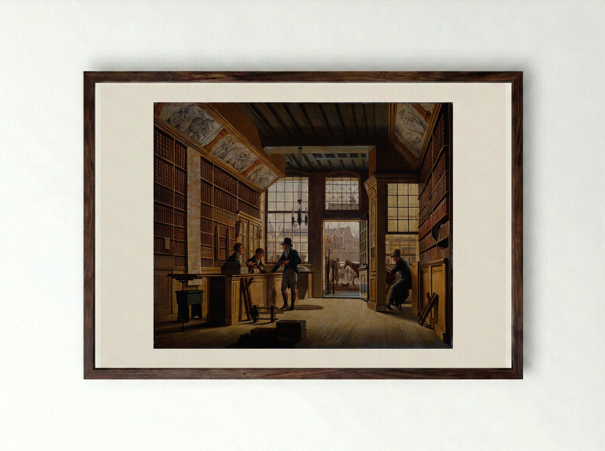 De winkel van de boekhandelaar Pieter Meijer Warnars op de Vijgendam te Amsterdam - Johannes Jelgerhuis - Framed Print Dark Wood
