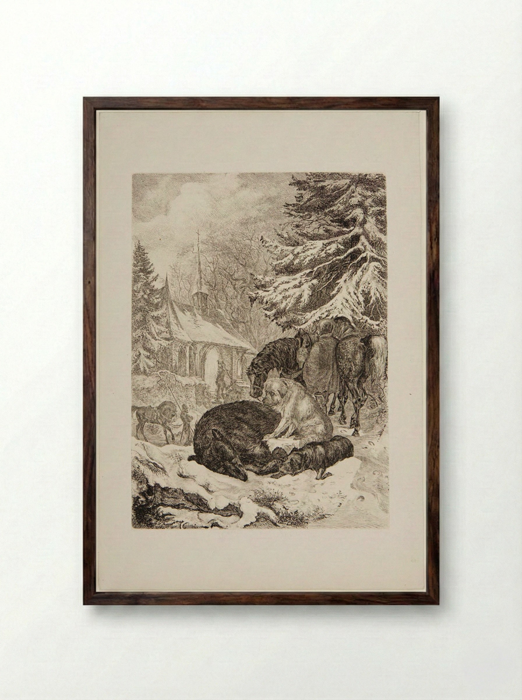 Dead Bear Guarded by Dogs - Friedrich Anton Wolff - Framed Print Dark Wood