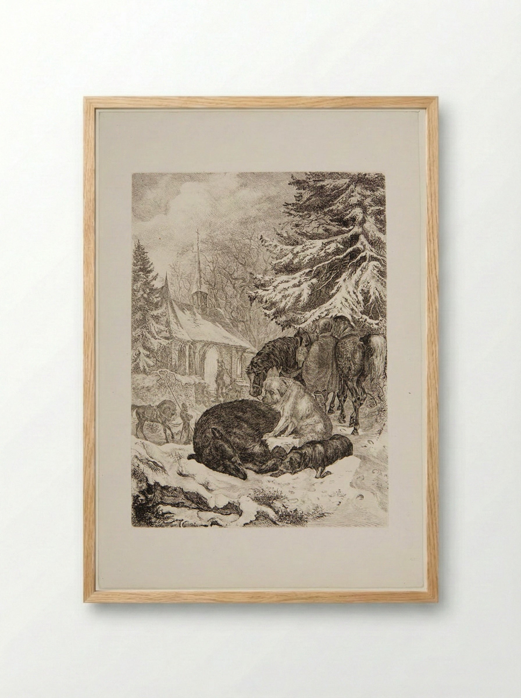 Dead Bear Guarded by Dogs - Friedrich Anton Wolff - Framed Print Wood