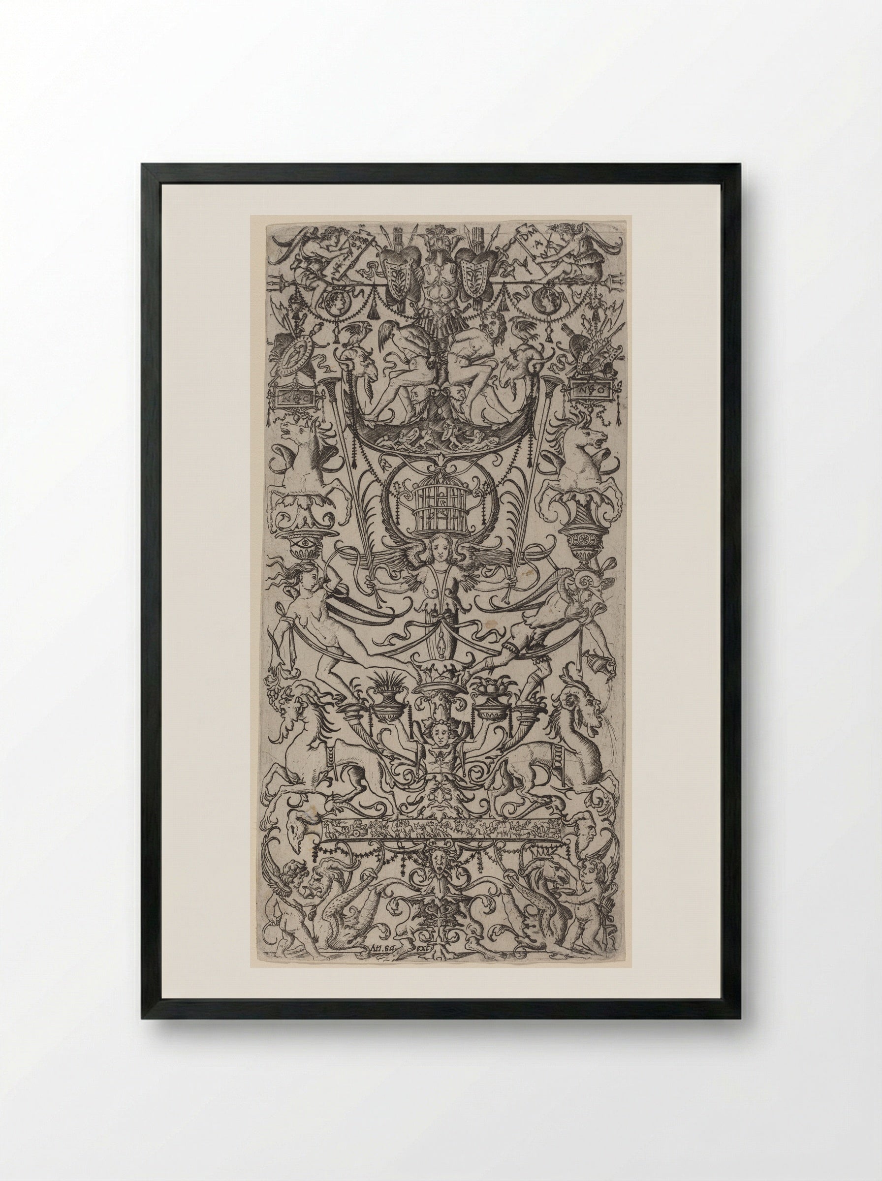 Decorative Panel of Bird, Animal, and Fish Motifs - Nicoletto da Modena - Framed Print Black