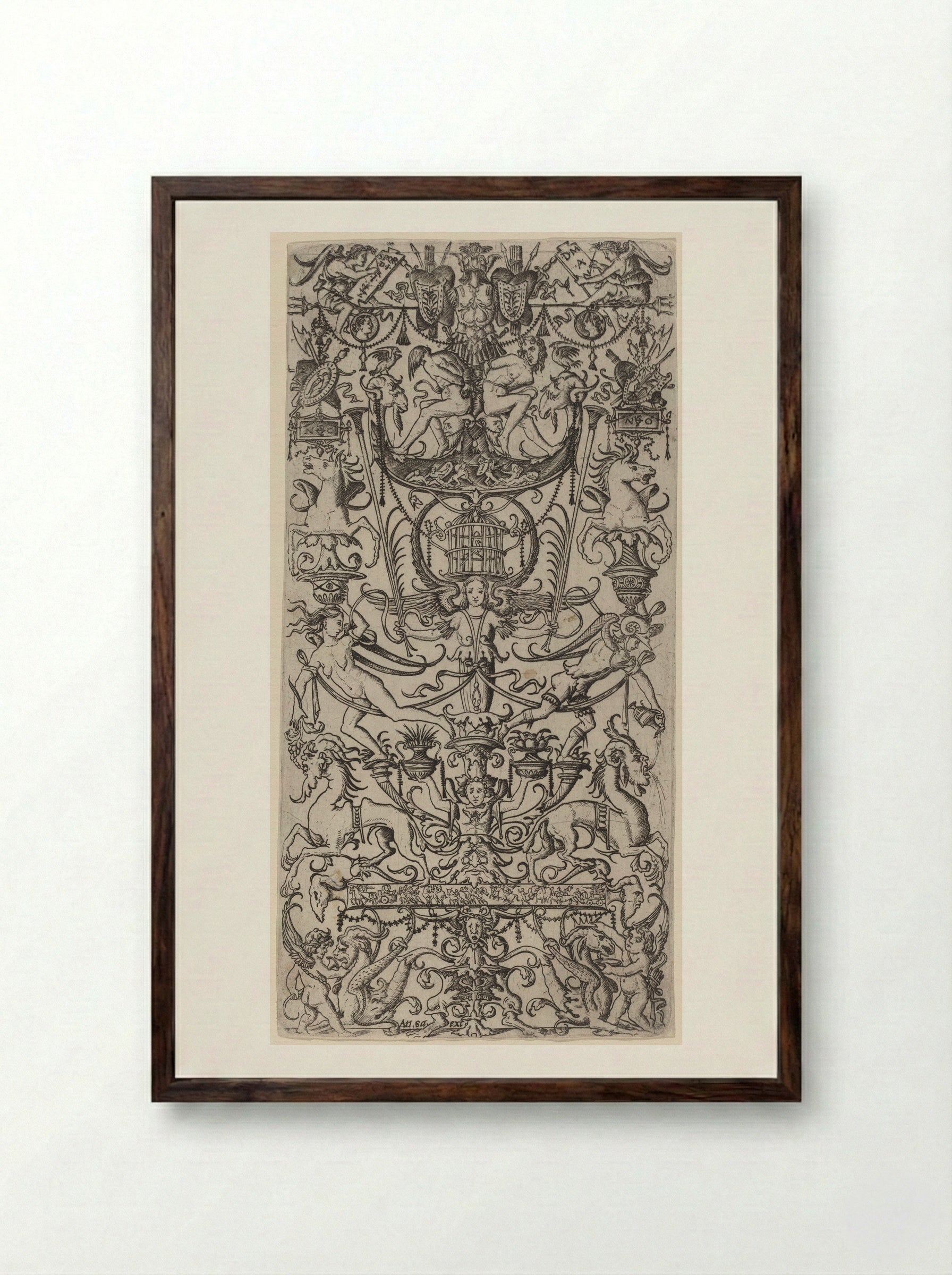 Decorative Panel of Bird, Animal, and Fish Motifs - Nicoletto da Modena - Framed Print Dark Wood