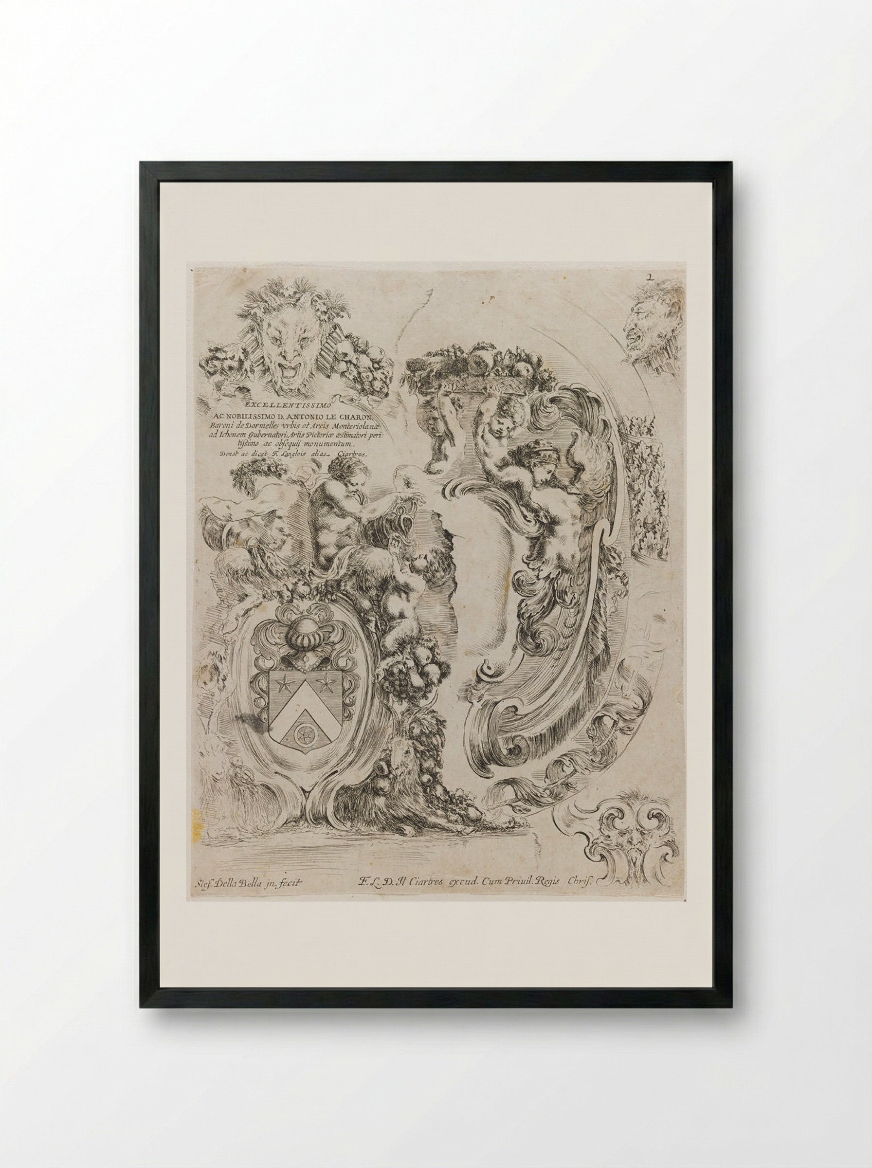 Dedication Page to Antonio Le Charon, with Coat of Arms - Stefano Della Bella - Framed Print Black