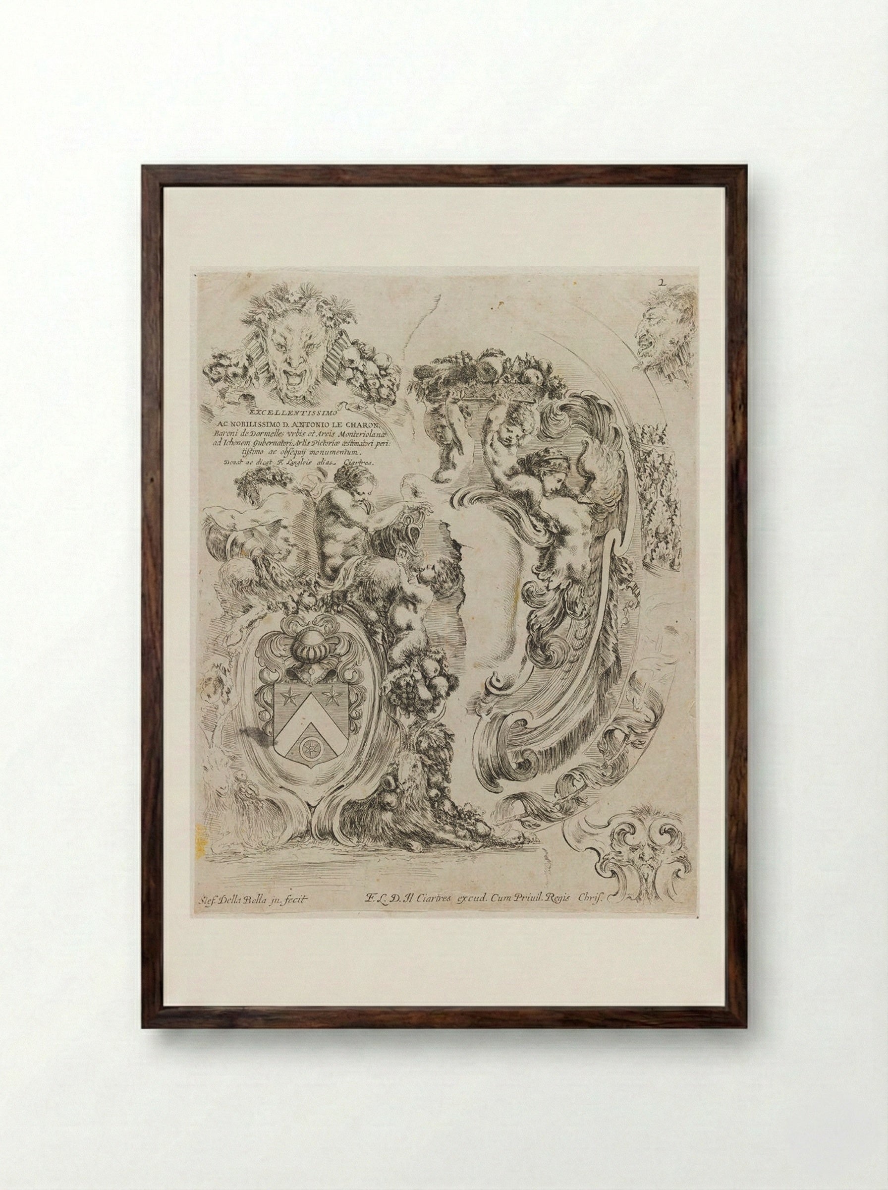 Dedication Page to Antonio Le Charon, with Coat of Arms - Stefano Della Bella - Framed Print Dark Wood