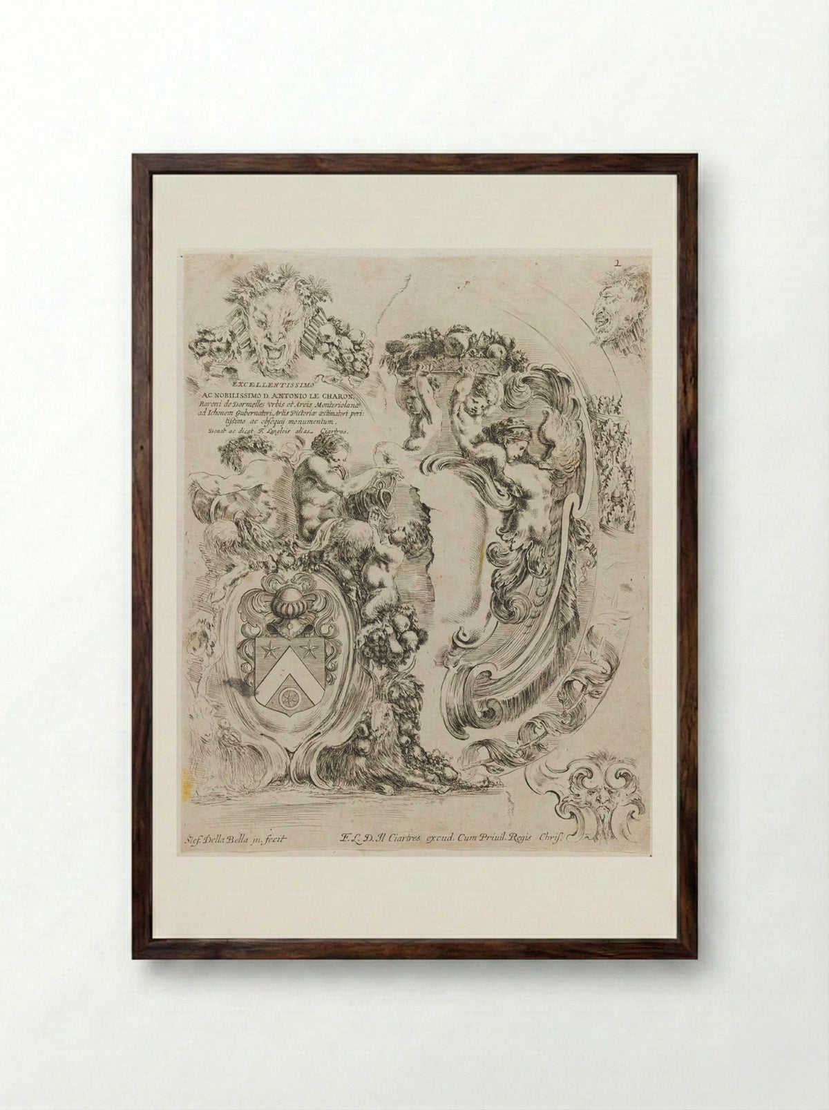 Dedication Page to Antonio Le Charon, with Coat of Arms - Stefano Della Bella - Framed Print Dark Wood