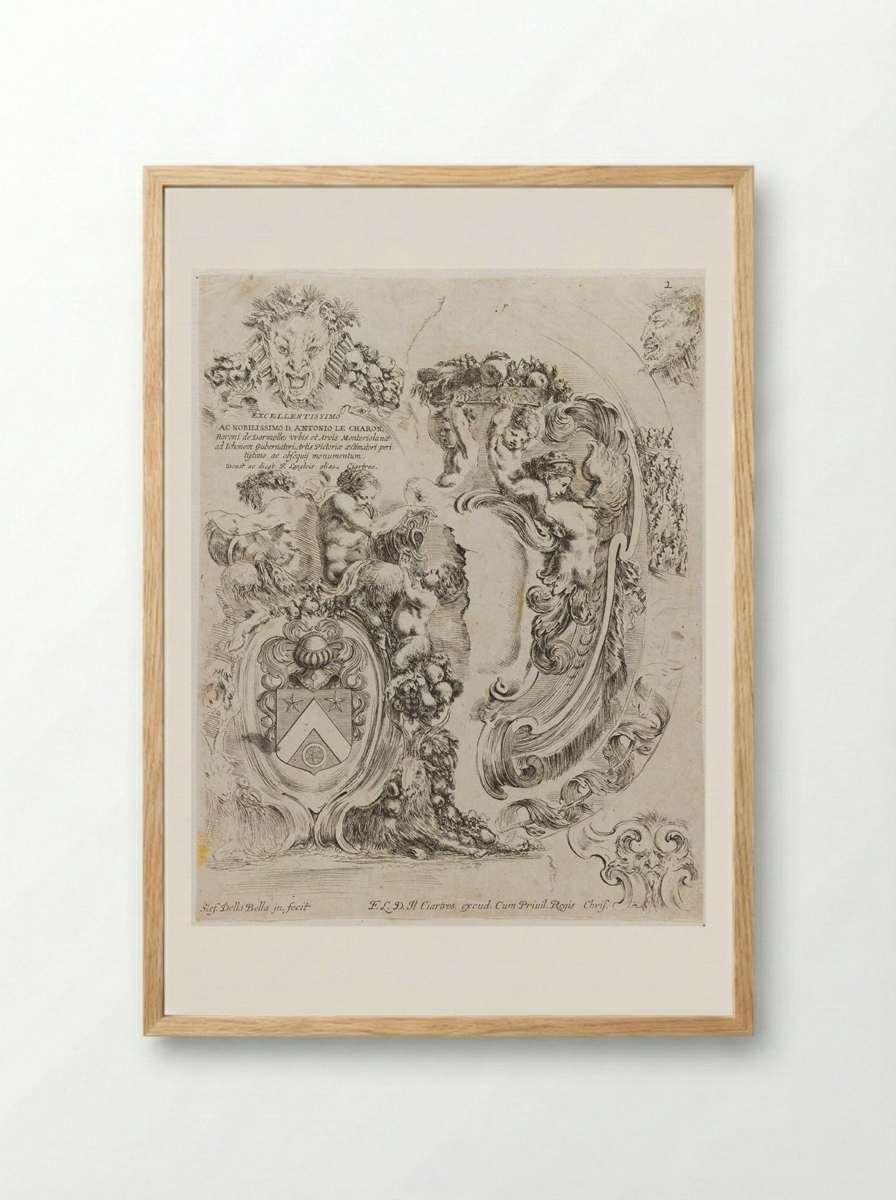 Dedication Page to Antonio Le Charon, with Coat of Arms - Stefano Della Bella - Framed Print Wood