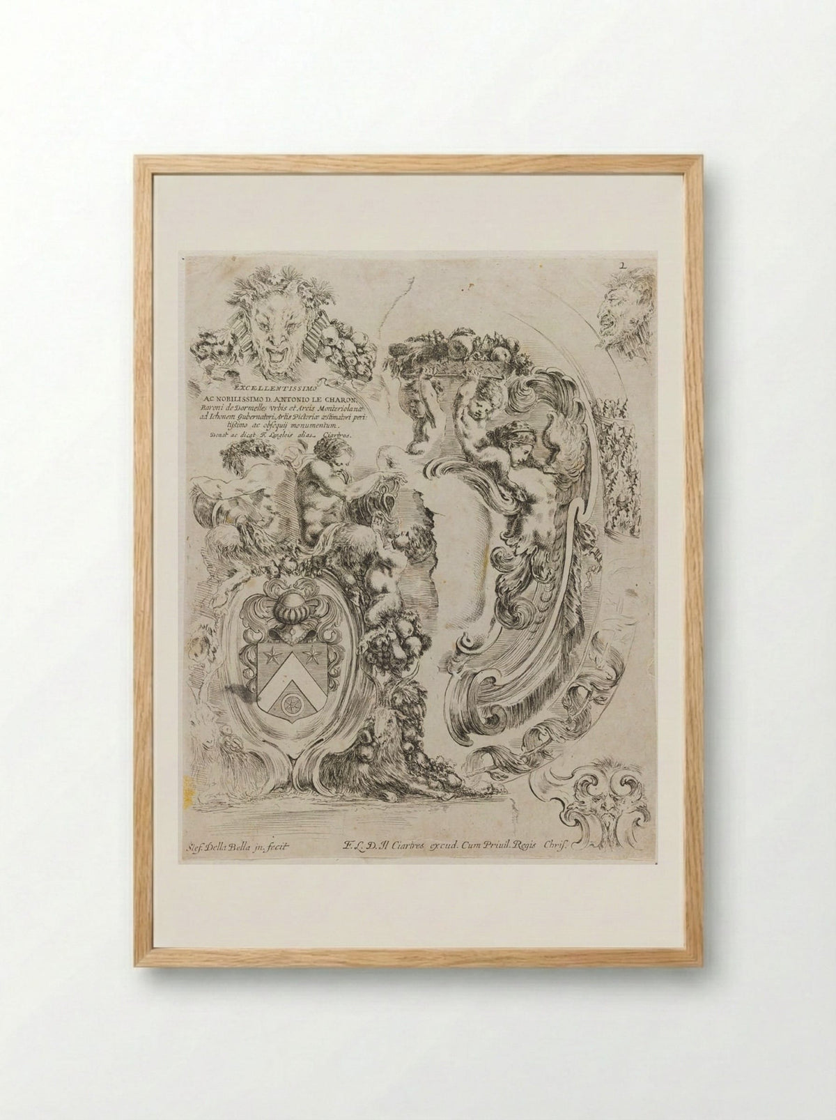 Dedication Page to Antonio Le Charon, with Coat of Arms - Stefano Della Bella - Framed Print Wood