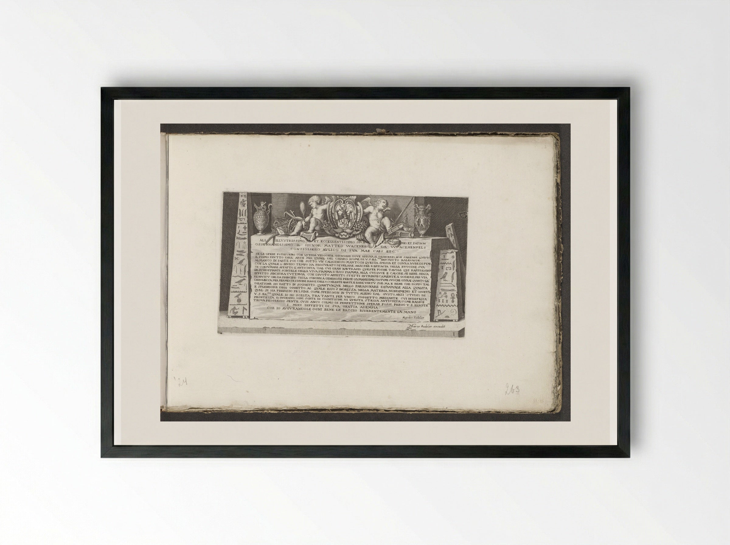 Dedication Plate with Obelisks and Hieroglyphs - Aegidius Sadeler II - Framed Print Black