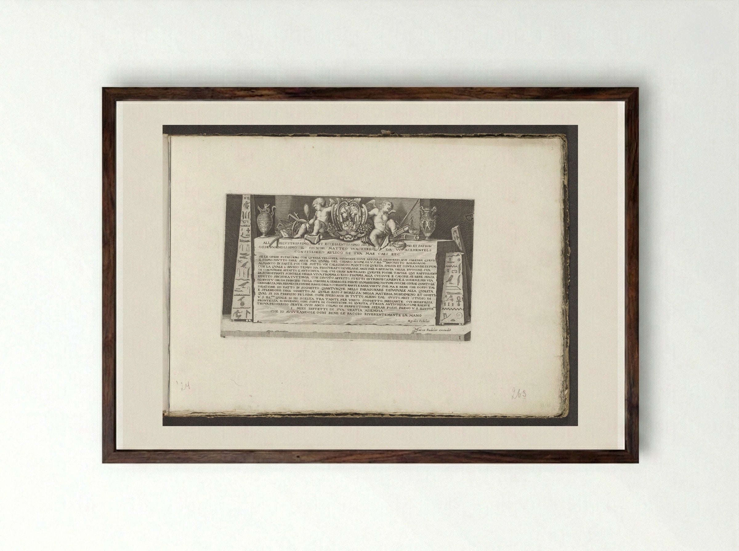 Dedication Plate with Obelisks and Hieroglyphs - Aegidius Sadeler II - Framed Print Dark Wood