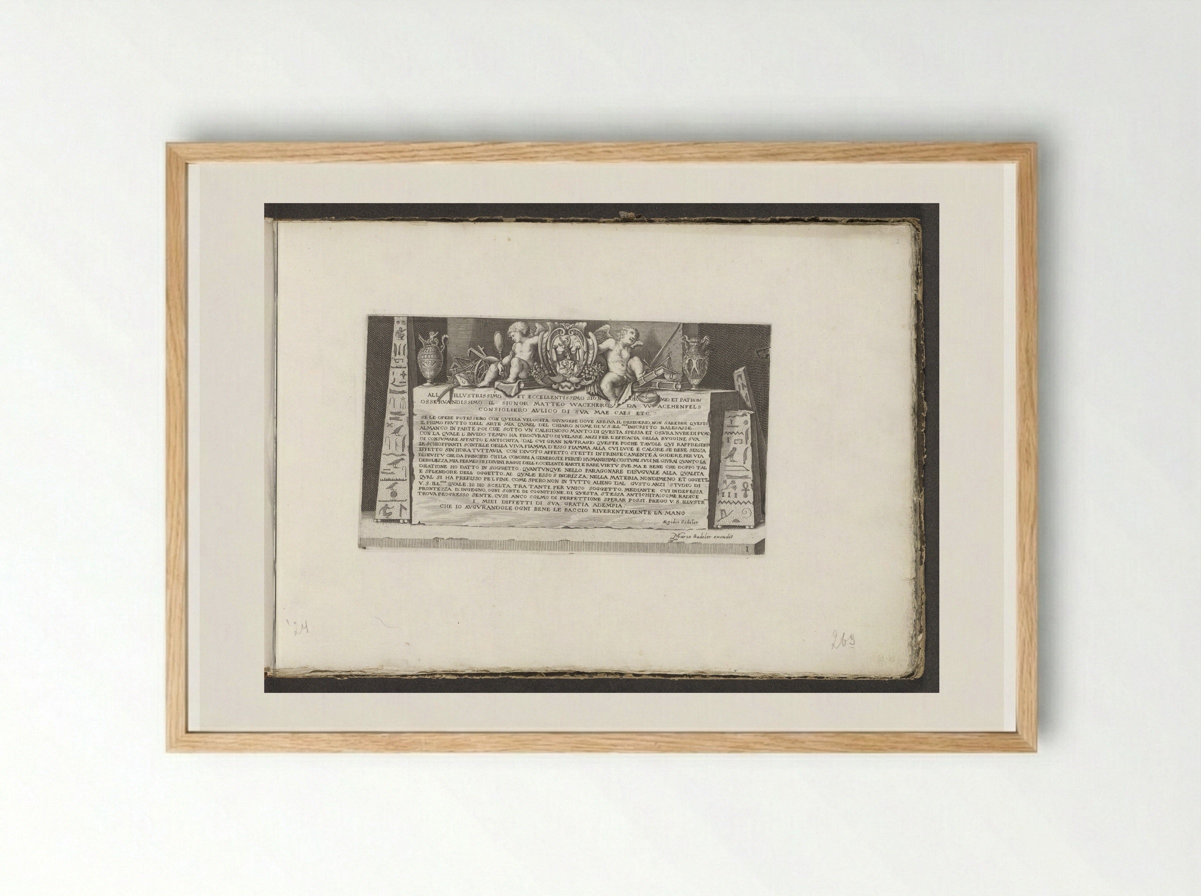 Dedication Plate with Obelisks and Hieroglyphs - Aegidius Sadeler II - Framed Print Wood