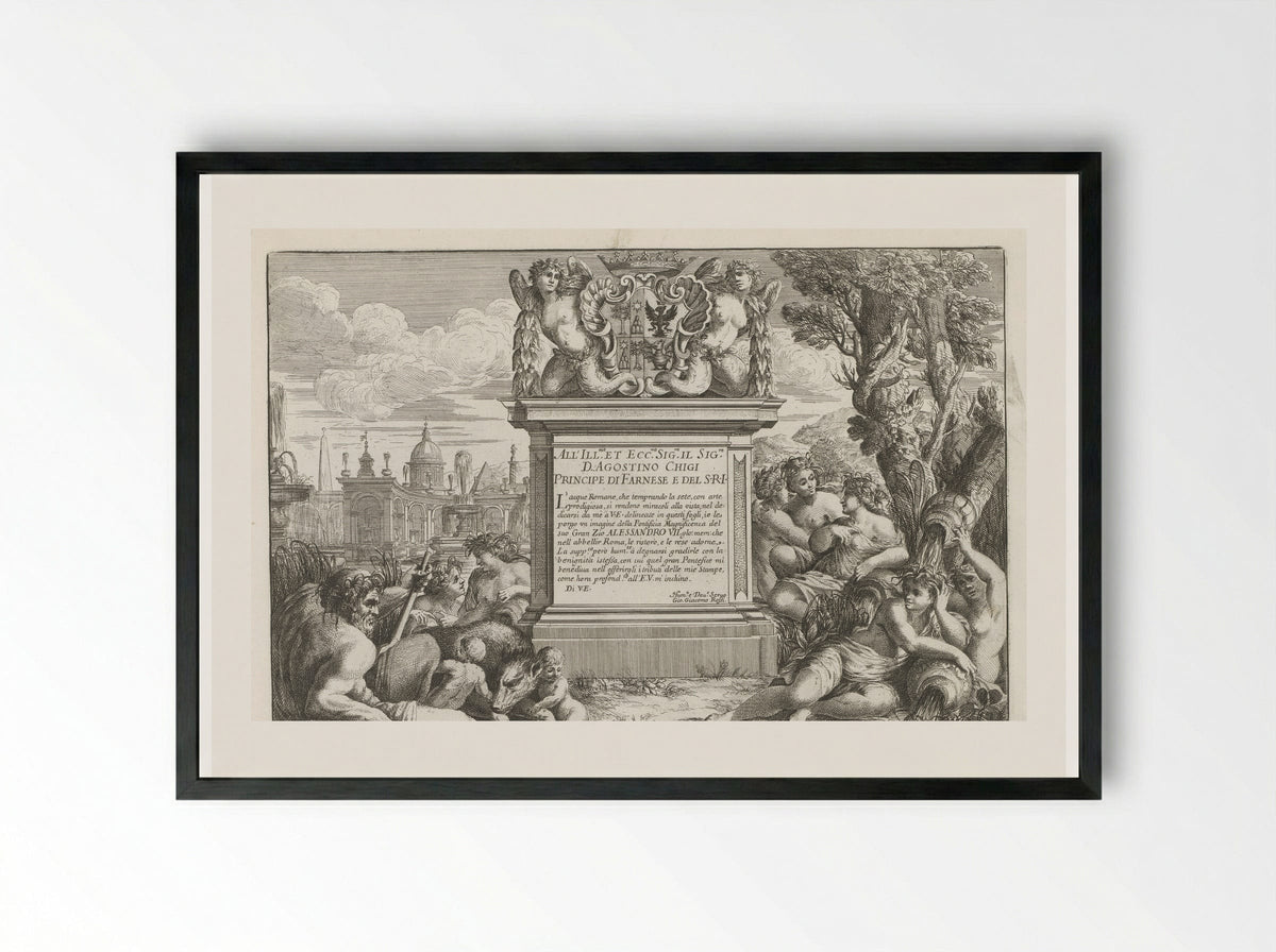 Dedication to Agostino Chigi with Coat of Arms and View of Rome - Giovanni Giacomo de' Rossi - Framed Print Black