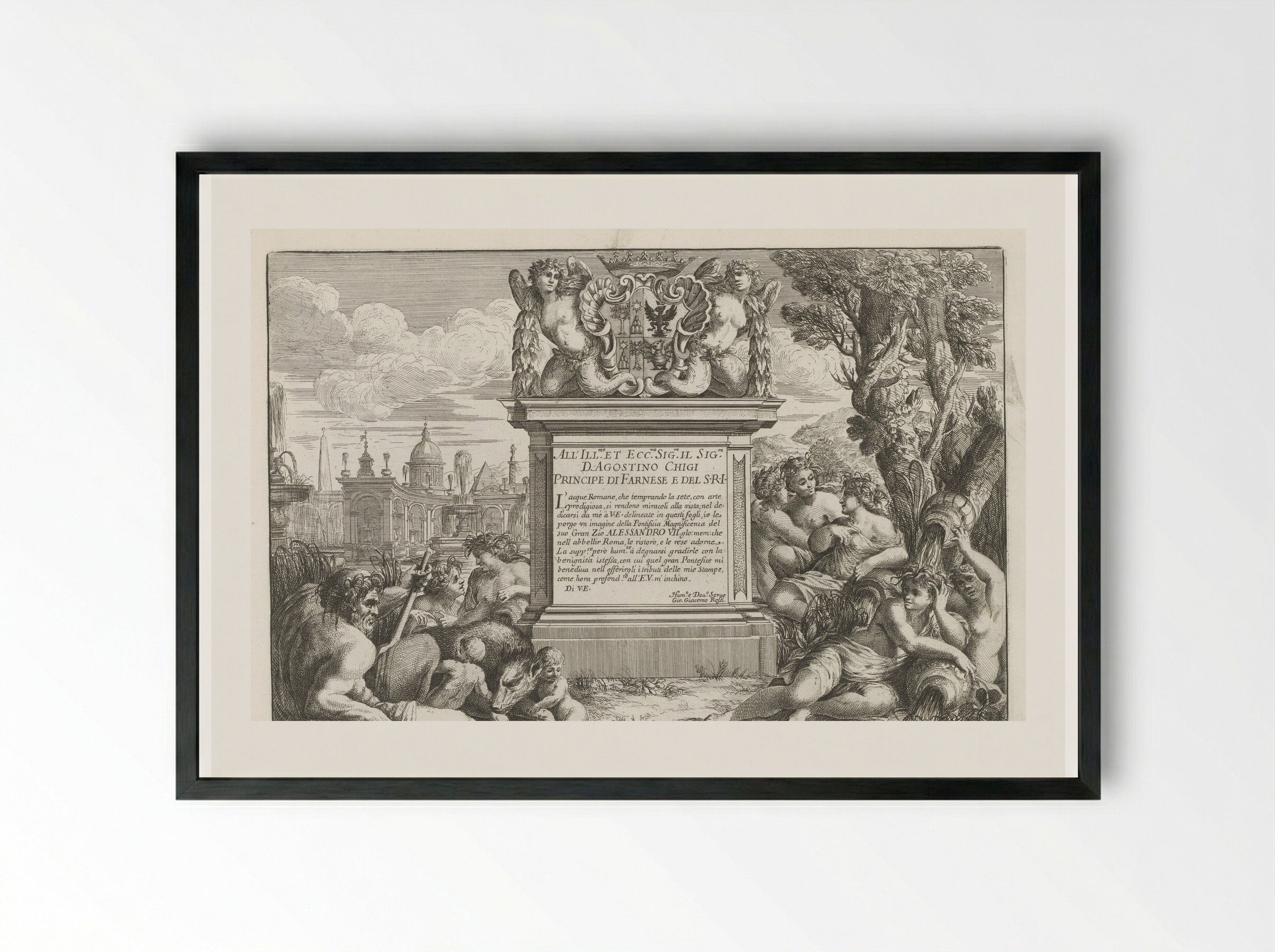 Dedication to Agostino Chigi with Coat of Arms and View of Rome - Giovanni Giacomo de' Rossi - Framed Print Black