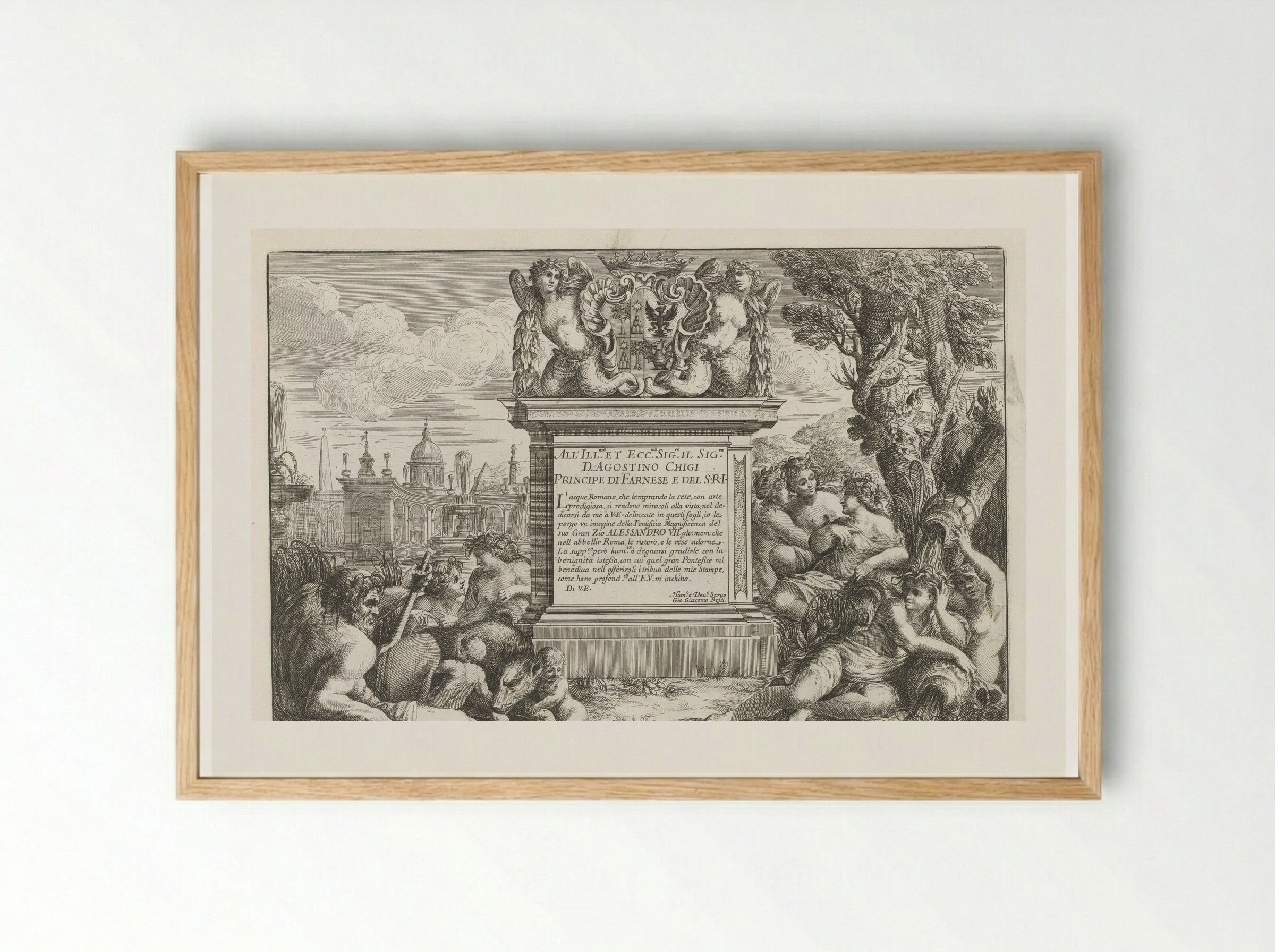 Dedication to Agostino Chigi with Coat of Arms and View of Rome - Giovanni Giacomo de' Rossi - Framed Print Wood