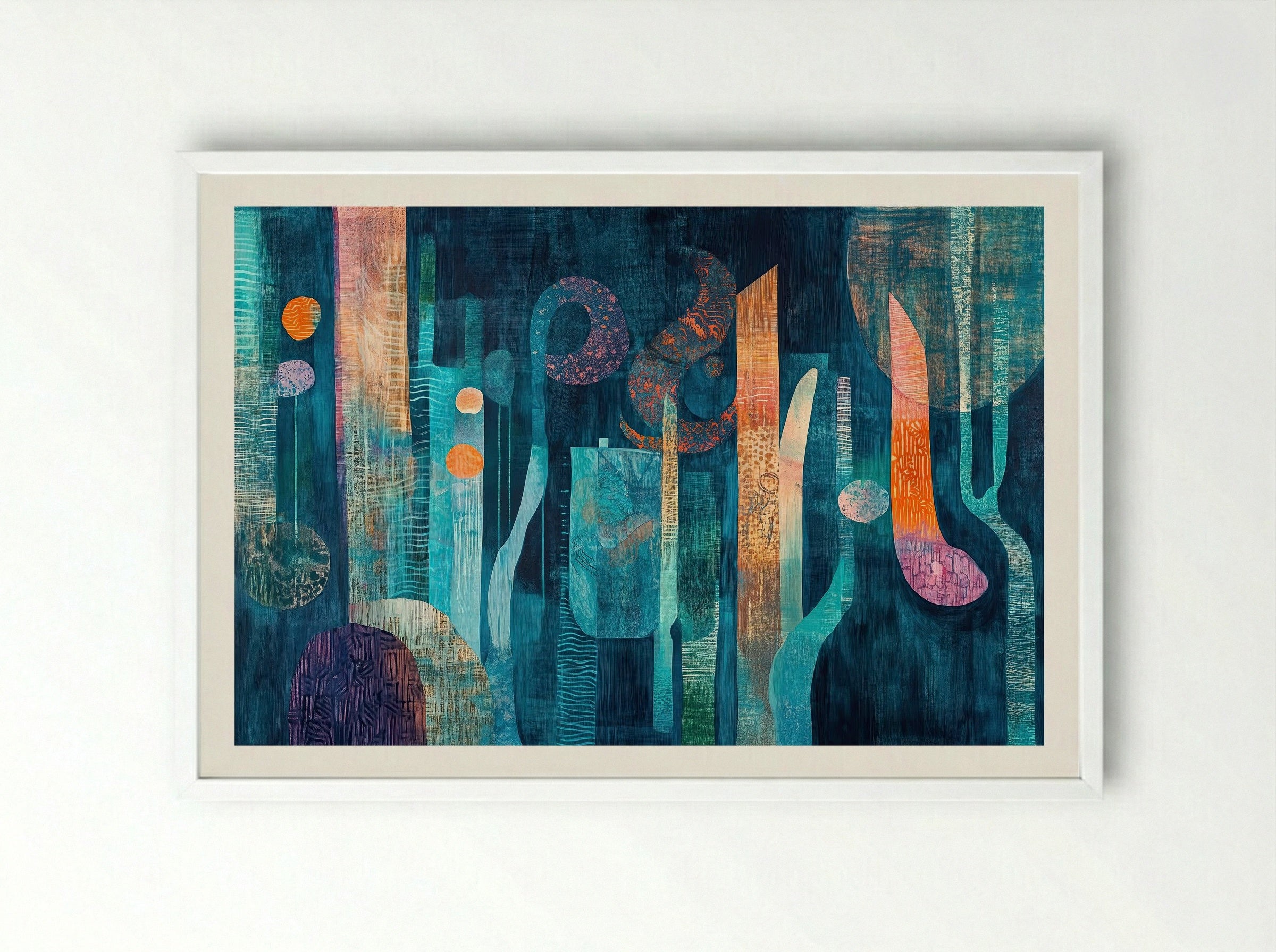 Deep Grove – Abstract Forest in Teal and Tangerine - Framed Print White