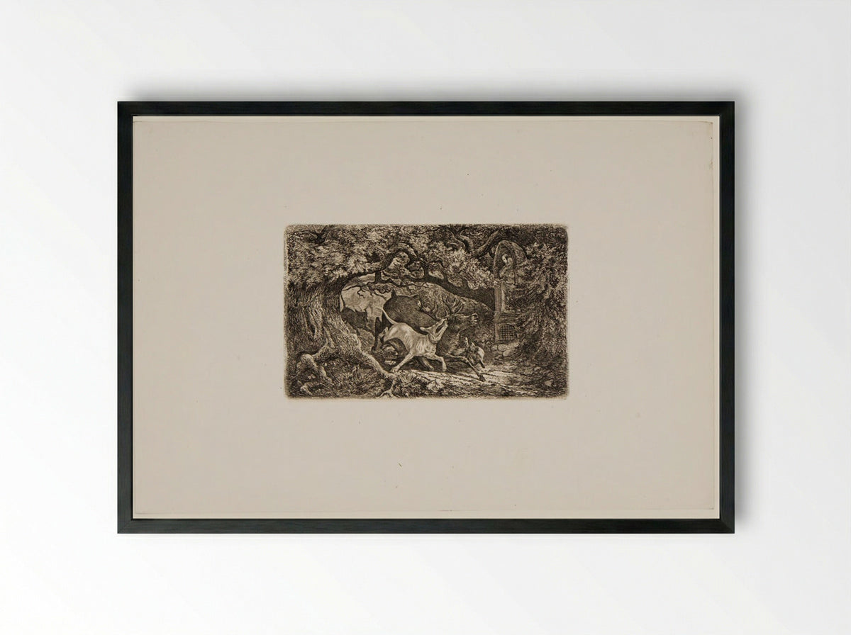 Deer Captured by Dogs - Friedrich Anton Wolff - Framed Print Black