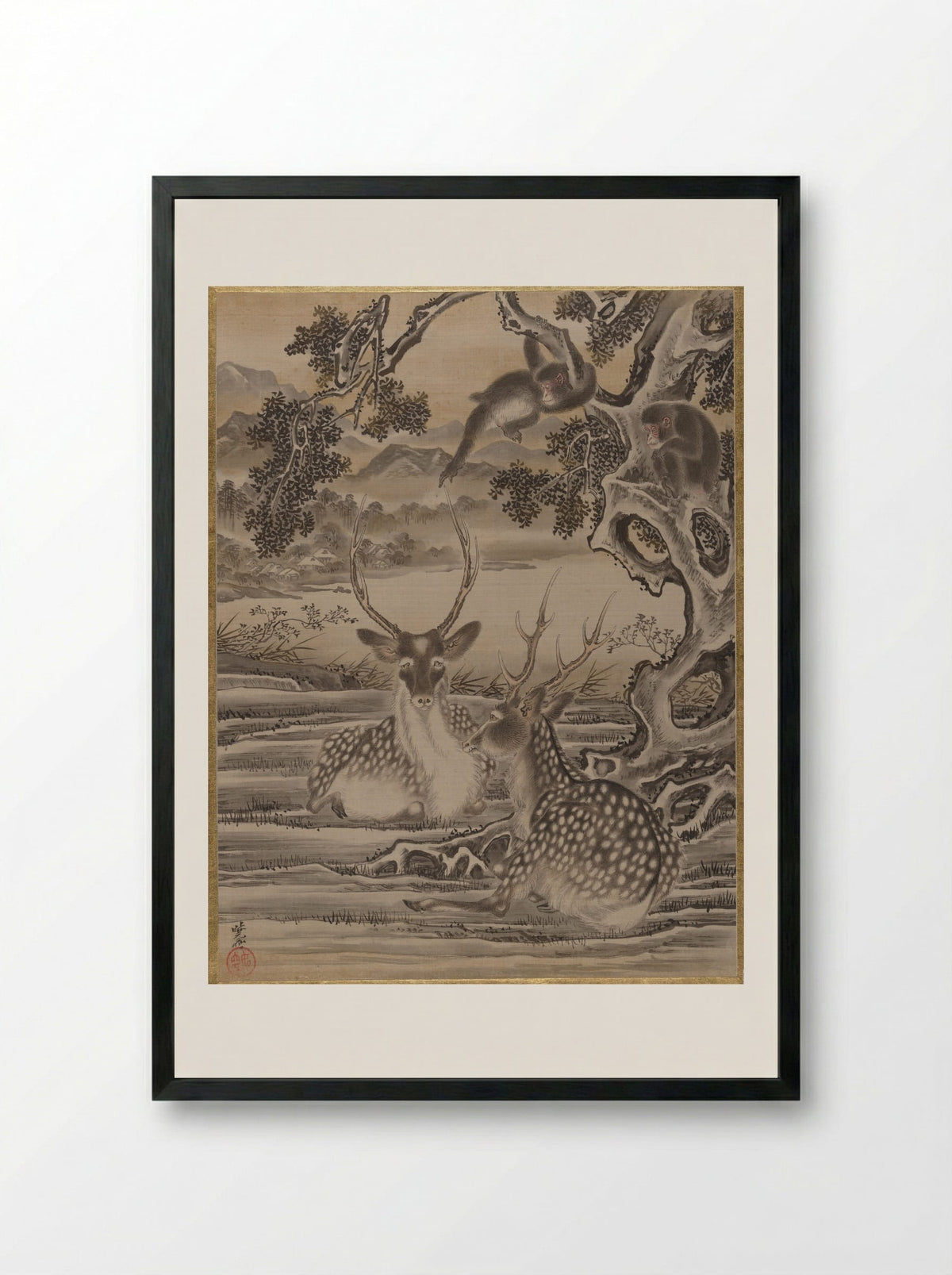 Deer and Monkeys - Kawanabe Kyōsai - Framed Print Black