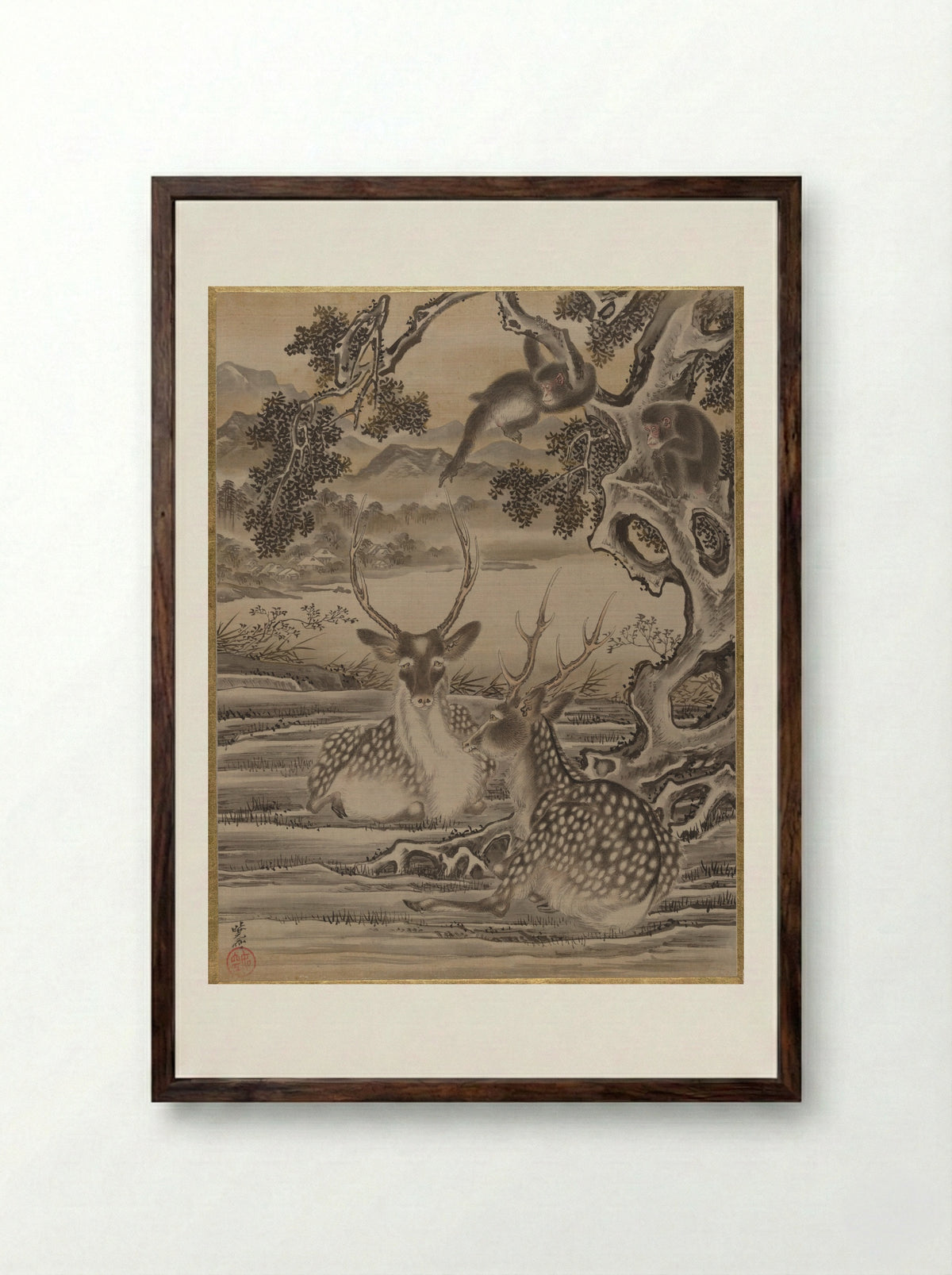 Deer and Monkeys - Kawanabe Kyōsai - Framed Print Dark Wood