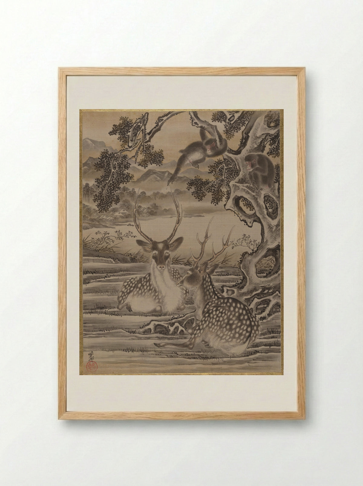 Deer and Monkeys - Kawanabe Kyōsai - Framed Print Wood