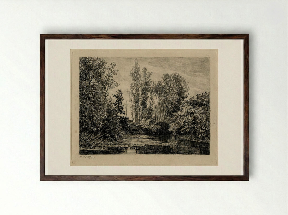 Deer at the Water's Edge - Charles-François Daubigny - Framed Print Dark Wood