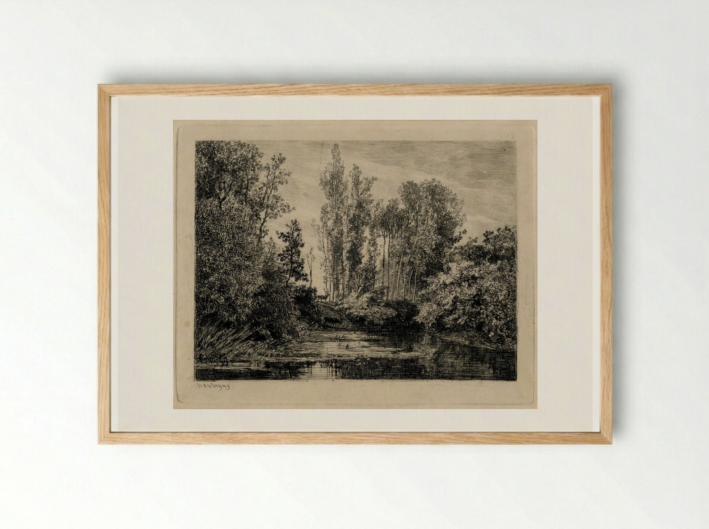 Deer at the Water's Edge - Charles-François Daubigny - Framed Print Wood