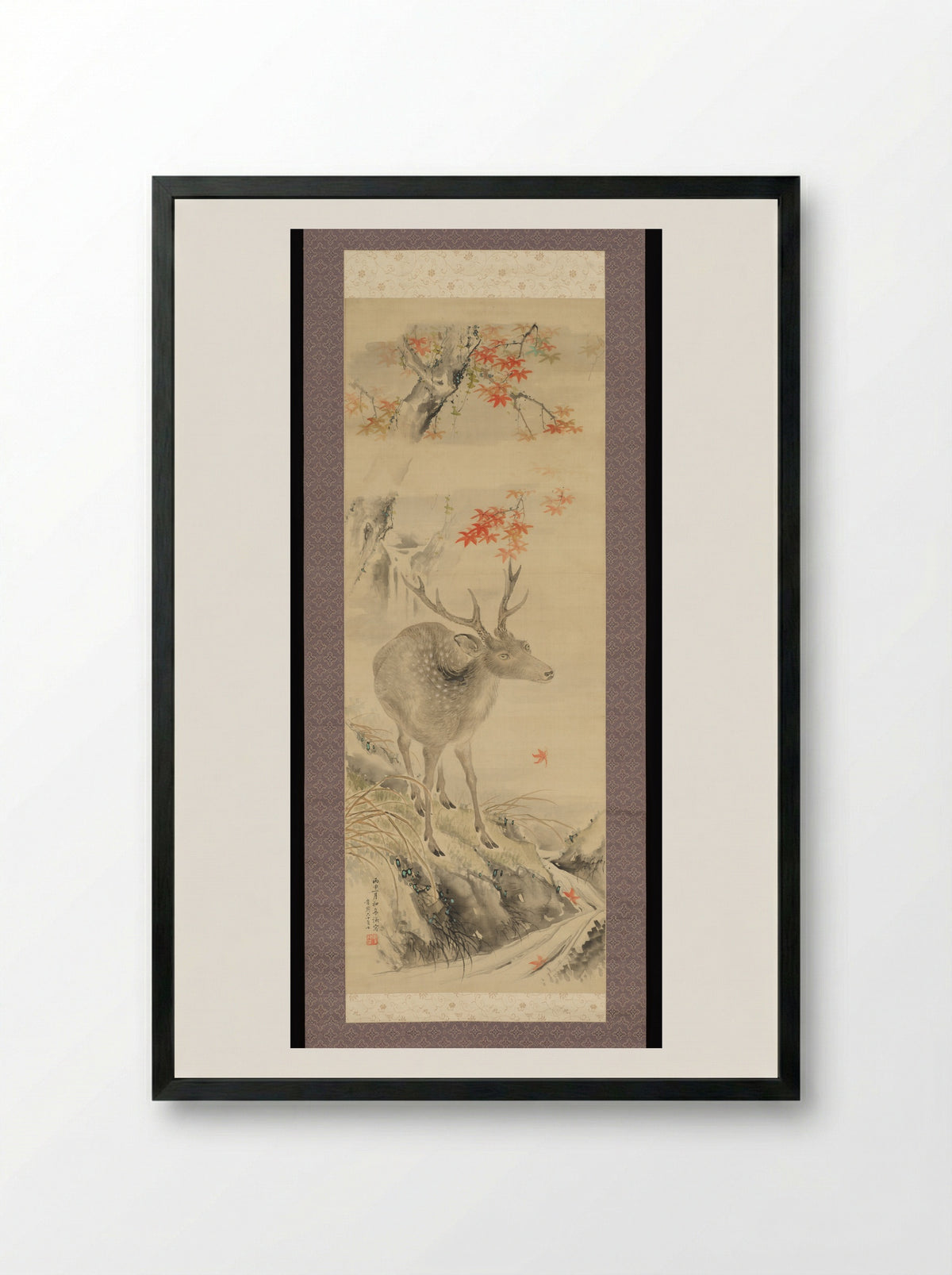 Deer by Mountain Stream - Taki Katei - Framed Print Black